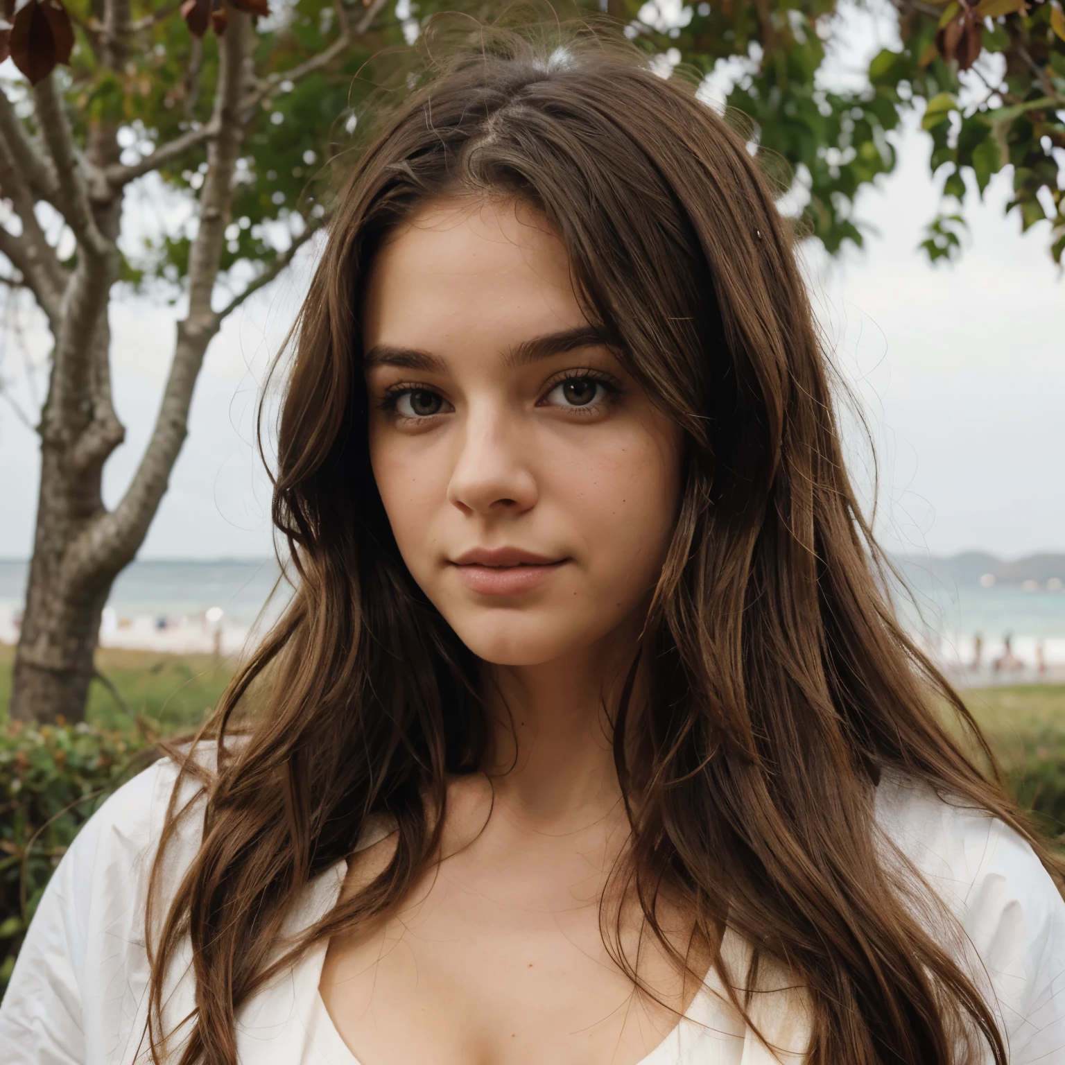 White girl with wavy brown hair, abrazando un arbusto