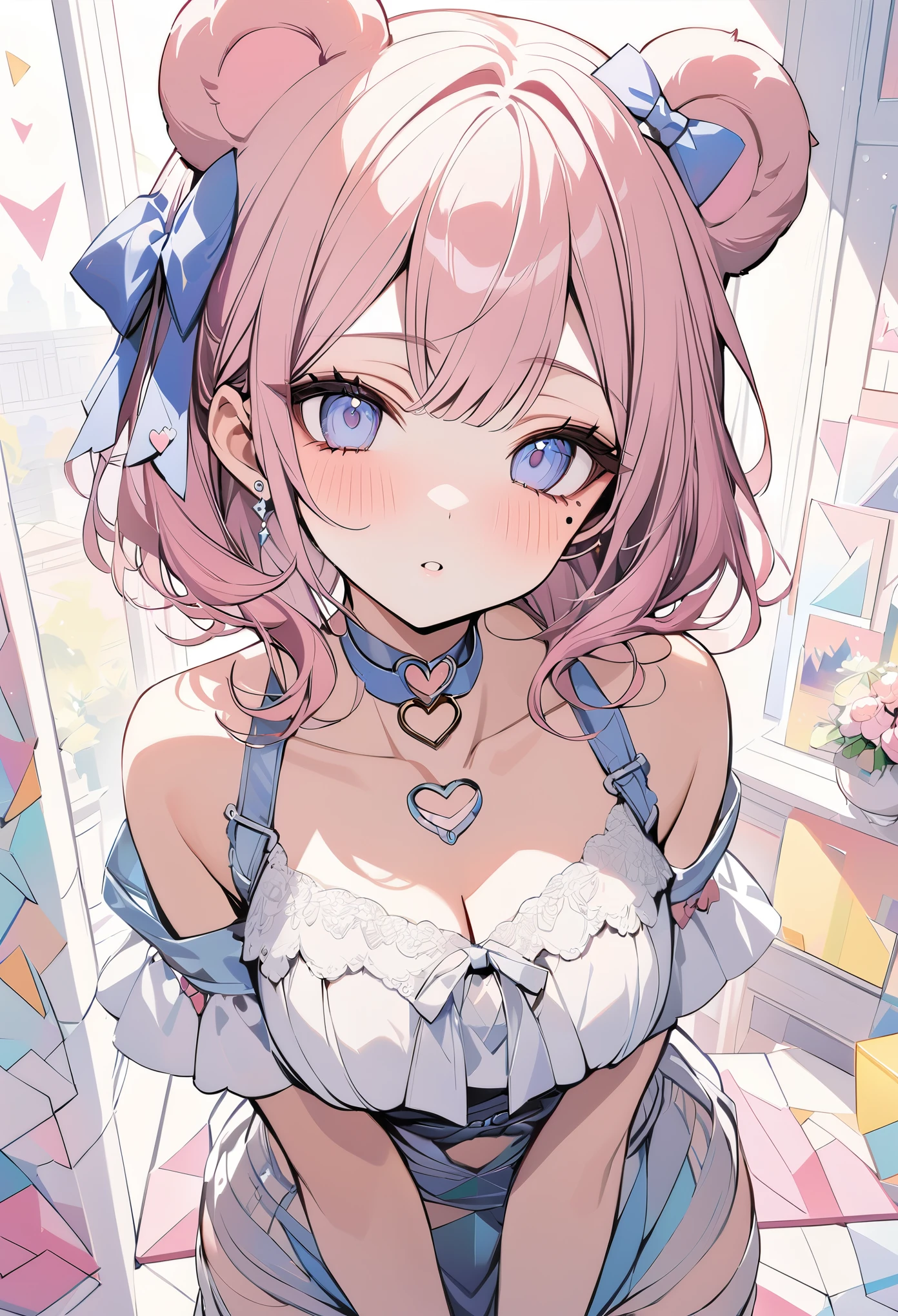 ,beautiful flower々）,mole under eye, heart shaped choker, (masterpiece, highest quality), official art, beautiful and aesthetic: 1.2), (1 girl), very detailed, (geometry art: 1.3), colorful、pink bob hair、bear ears、 whole body