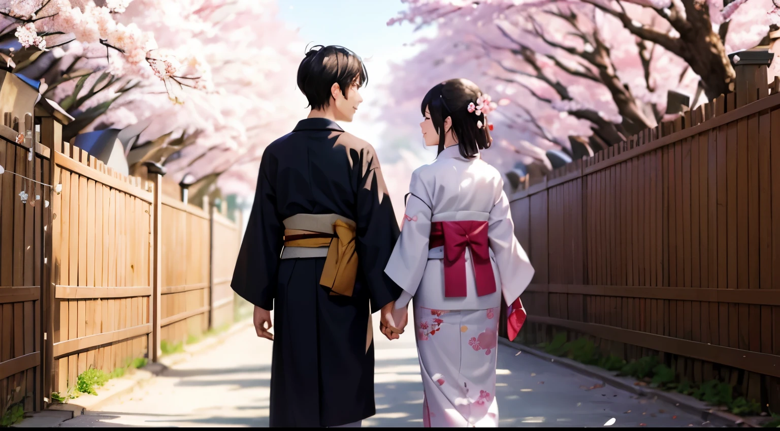wear Kimono、male、woman、２people、hold hands、20th generation、smile、stroll、Cherry blossom trees、SakuraFubuki