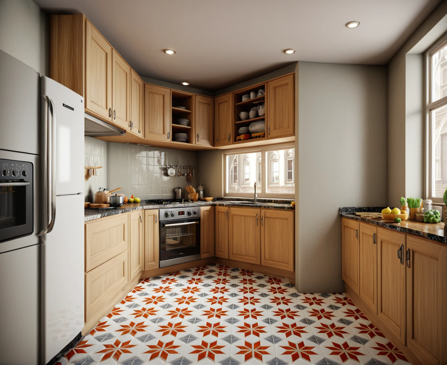 there is a kitchen with a refrigerator, stove, sink and a window, rendered in unreal engine 5, rendered in unreal engine 6, rendered in unreal 5, rendered in 8 k unreal engine, excellent 3d render, unreal 5 engine highlly render, rendered in corona, old kitchen backdrop angled view, vray 8k render, unreal 5 engine rendered