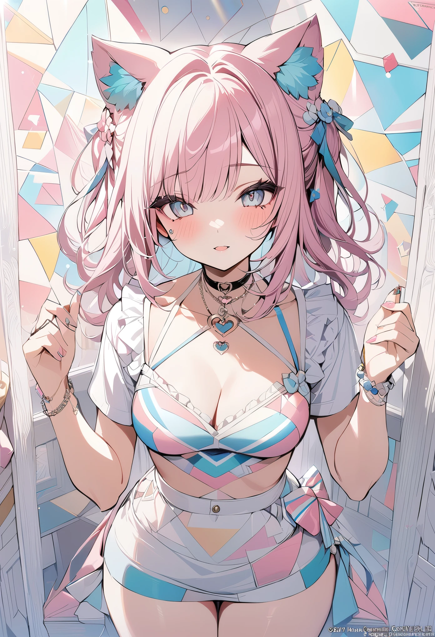 ,beautiful flower々),mole under eye, heart shaped choker, (masterpiece, highest quality), official art, beautiful and aesthetic: 1.2), (1 girl), very detailed, (geometry art: 1.3), colorful、pink bob hair、Cat ear、 whole body