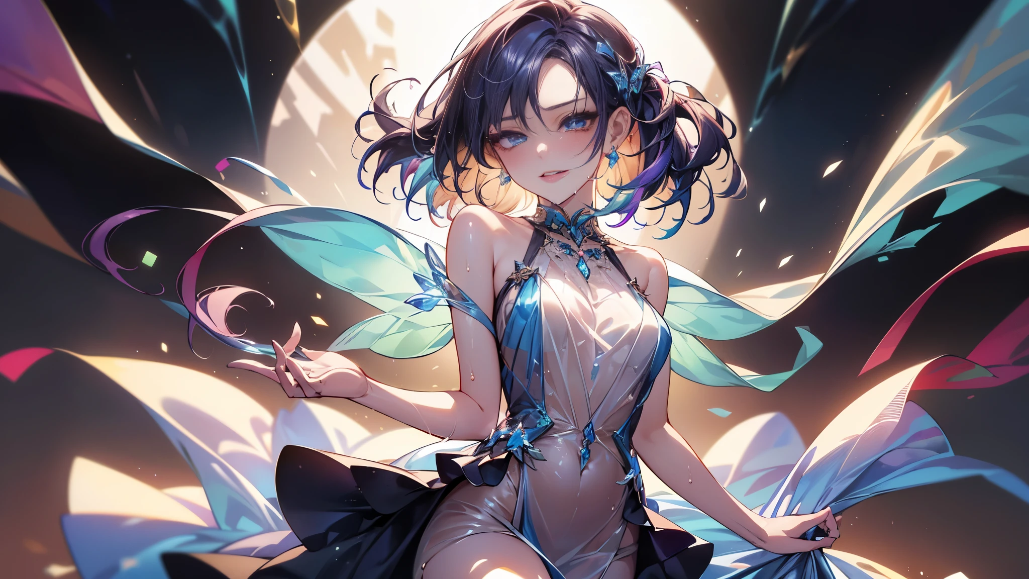 ((Best Quality, 8K, masutepiece:1.3, 1 girl, Beautiful Girl)), Cute, Dynamism, Detailed face, Detailed skin, Detailed eyes, Detailed lips, Detailed fingers, Detailed mouth, detailed tooth, Detailed tongue, Round eyes, Tear bag, Photorealistic, Raw photo, Natural light, Perfect Anatomy, hight resolution, Colorful liquid on body:1.2, Colorful body, Colorful background, twin colored hair, thighs, ecstatic face, masturbation, half closed eyes, ((see-through dress)), ahegao, looking at viewer, drooling, wet body, cowboy shot, shape of nipple