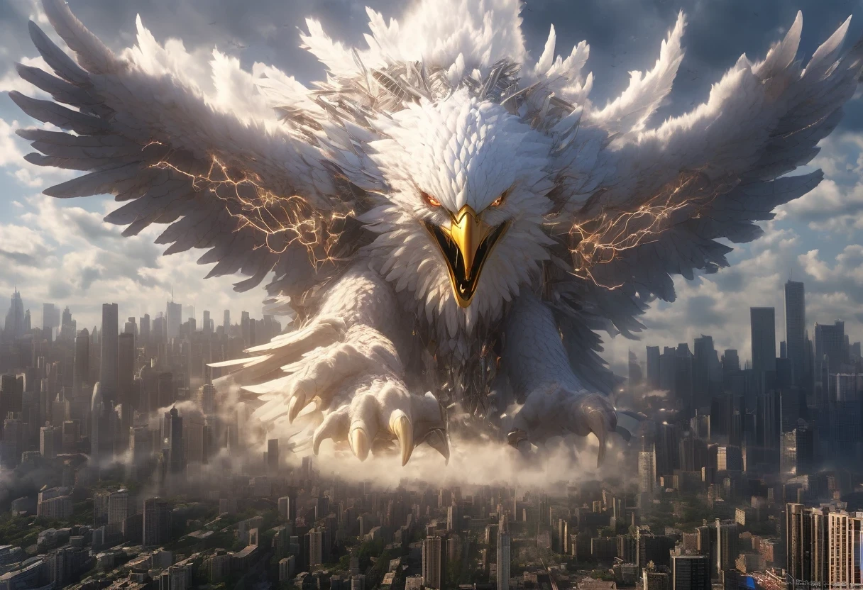 supernatural art,BJ_sacred_beast, Gigantic Eagle Monster made of electricity, Fly over the Modern City}Horn,electricity,tooth, day, number_human, cday,movie light,high definition,High level of detail,best quality,Masterpiece,Very high resolution details, Take a photo, Realism is pushed to the extreme., fine texture, Incredibly realistic