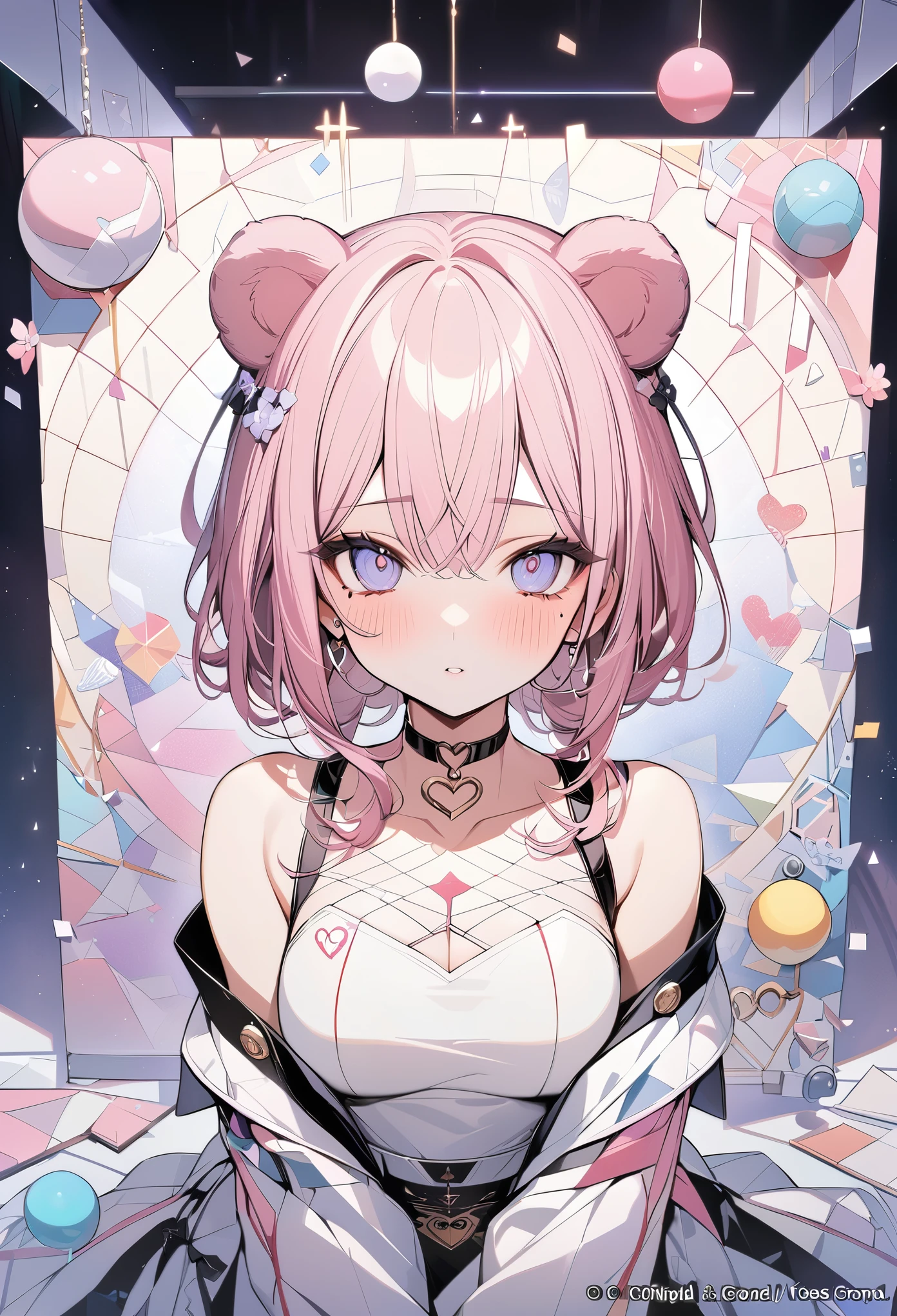 ,beautiful flower々),mole under eye, heart shaped choker, (masterpiece, highest quality), official art, beautiful and aesthetic: 1.2), (1 girl), very detailed, (geometry art: 1.3), colorful、pink bob hair、bear ears、 whole body