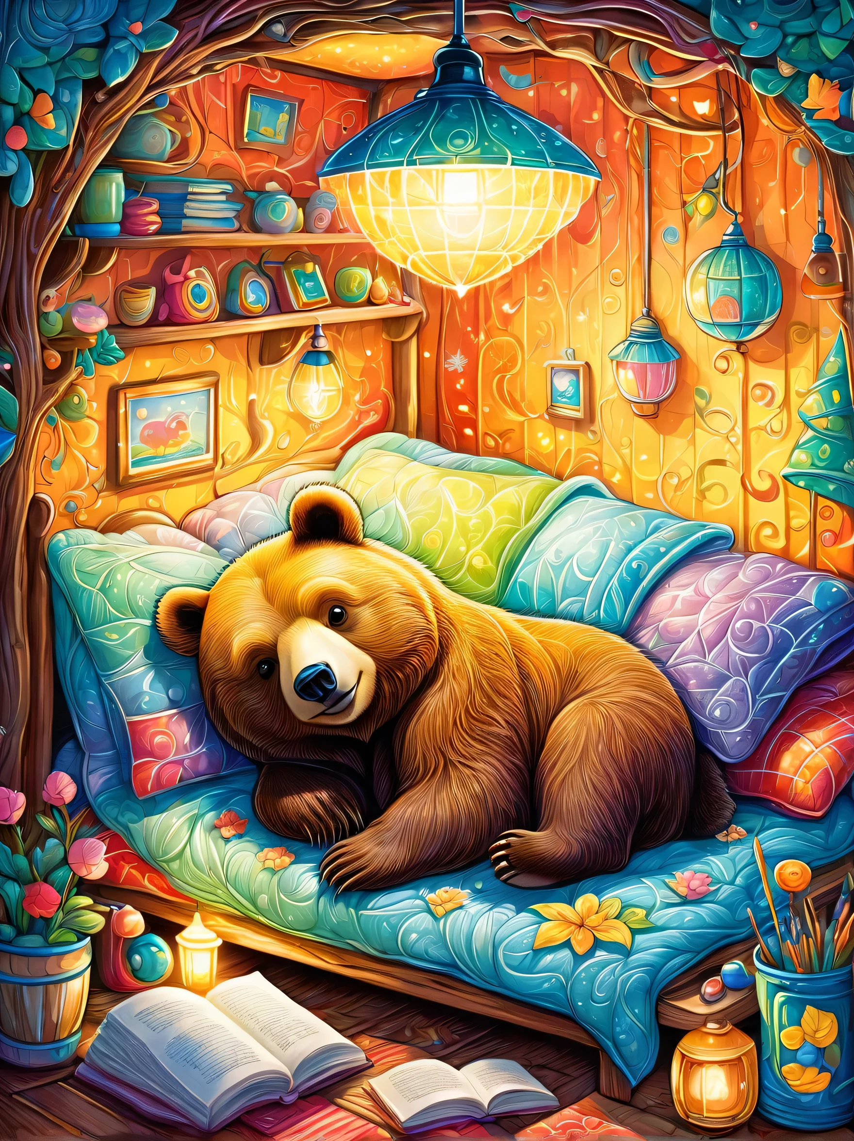 cuteAn illustration,underground:endure:In the hole,bear family:animal:hibernating:cute:Snuggle up close:sleep:comfortable and warm:looks happy,An illustration,pop,colorful,draw with thick lines,color,dim,lamp light,hibernating bear family is sleeping:dream happy dreams,The den is warm and full of happiness,,colorful,fancy,fantasy,patchwork:quilt,Detailed details,fluffy,randolph caldecott style