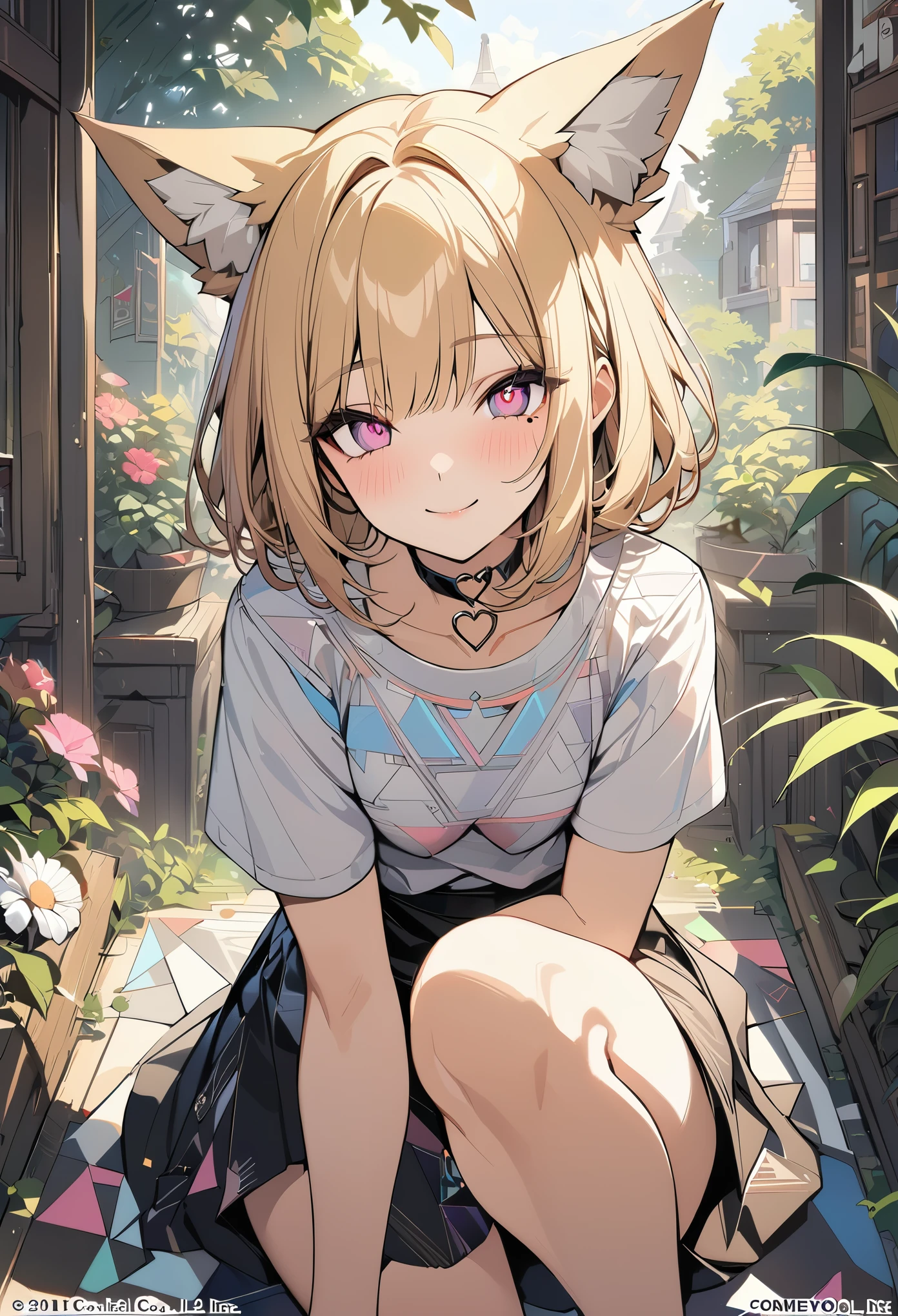 1 girl, blonde bob hair, heart shaped eyes, fox ears,whole body, {girl with blonde bob hair named nao}, (Pink eye color), (smile), bright background , mole under eye, Star-shaped choker, (masterpiece, highest quality), very detailed, highest quality, official art, beautiful and aesthetic: 1.2), (1 girl), very detailed, (geometry art: 1.3), colorful, most detailed ,(garden,beautiful flower々), (masterpiece, highest quality), official art, beautiful and aesthetic: 1.2), (1 girl), very detailed, (geometry art: 1.3), colorful