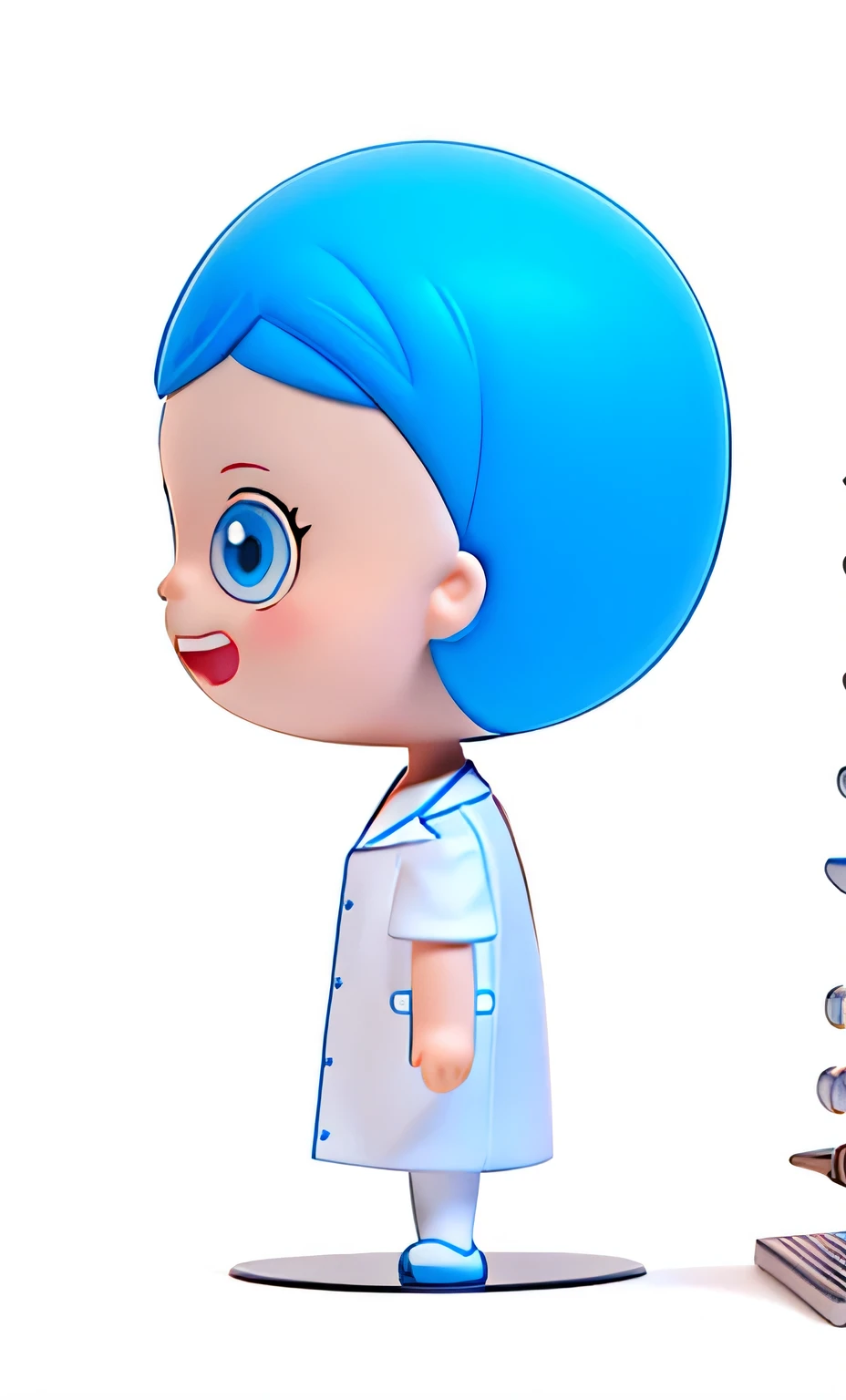 Cartoon character of a woman with blue hair and white shirt, animated characters, role conception for animation, Cartoon style illustration, character turnaround, role conception, The character is standing, simple cartoon style, woman with blue short hair, full body role conception, model table, nurse girl, high quality role conception, character model table, Wearing a lab coat and shirt, 4K resolution,C4D,OC renderer,Ultra-detailed,high quality,white background