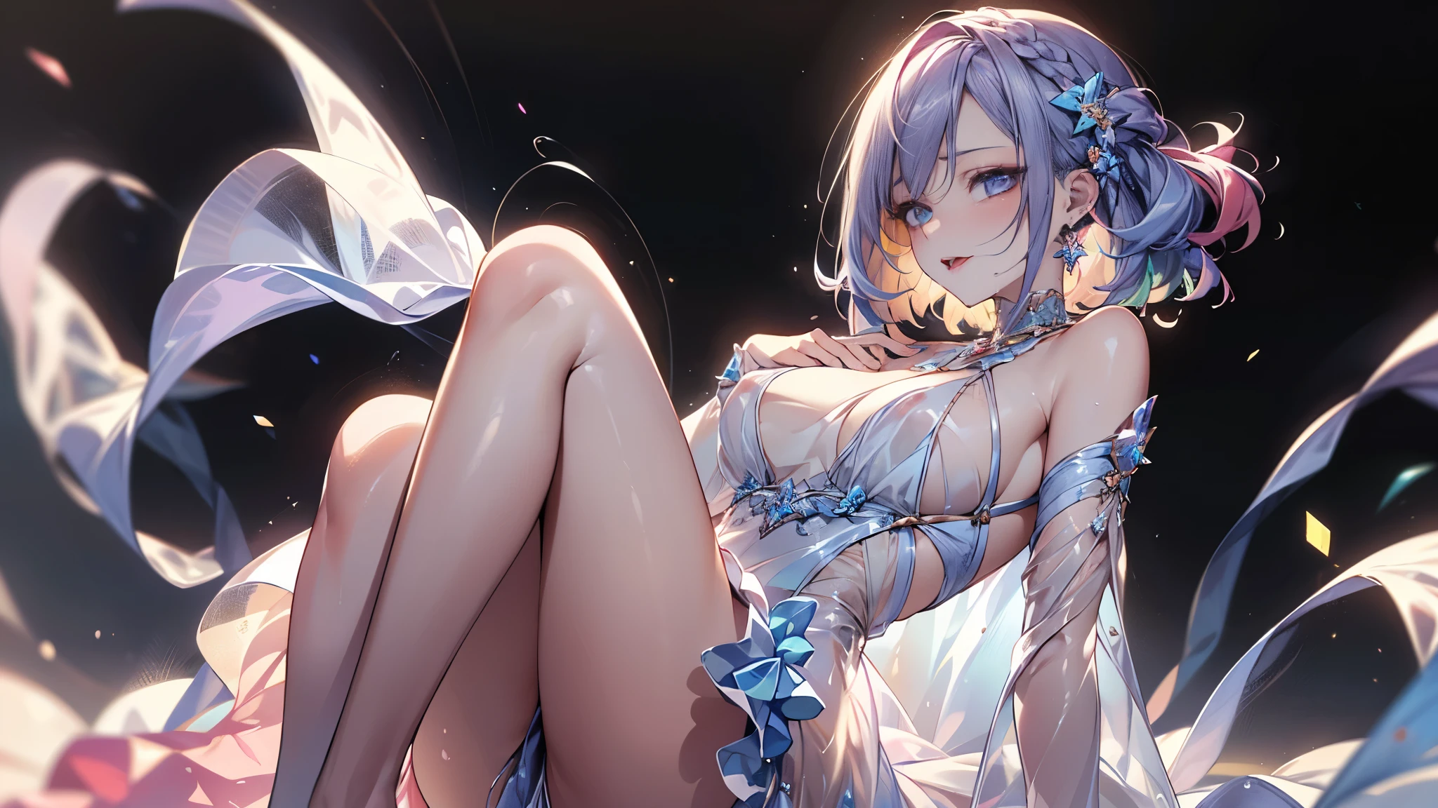 ((Best Quality, 8K, masutepiece:1.3, 1 girl, Beautiful Girl)), Cute, Dynamism, Detailed face, Detailed skin, Detailed eyes, Detailed lips, Detailed fingers, Detailed mouth, detailed tooth, Detailed tongue, Round eyes, Tear bag, Photorealistic, Raw photo, Natural light, Perfect Anatomy, hight resolution, Colorful liquid on body:1.2, Colorful body, Colorful background, twin colored hair, thighs, ecstatic face, ((masturbation)), half closed eyes, ((see-through dress)), ahegao, looking at viewer, drooling, wet body, cowboy shot, shape of nipples