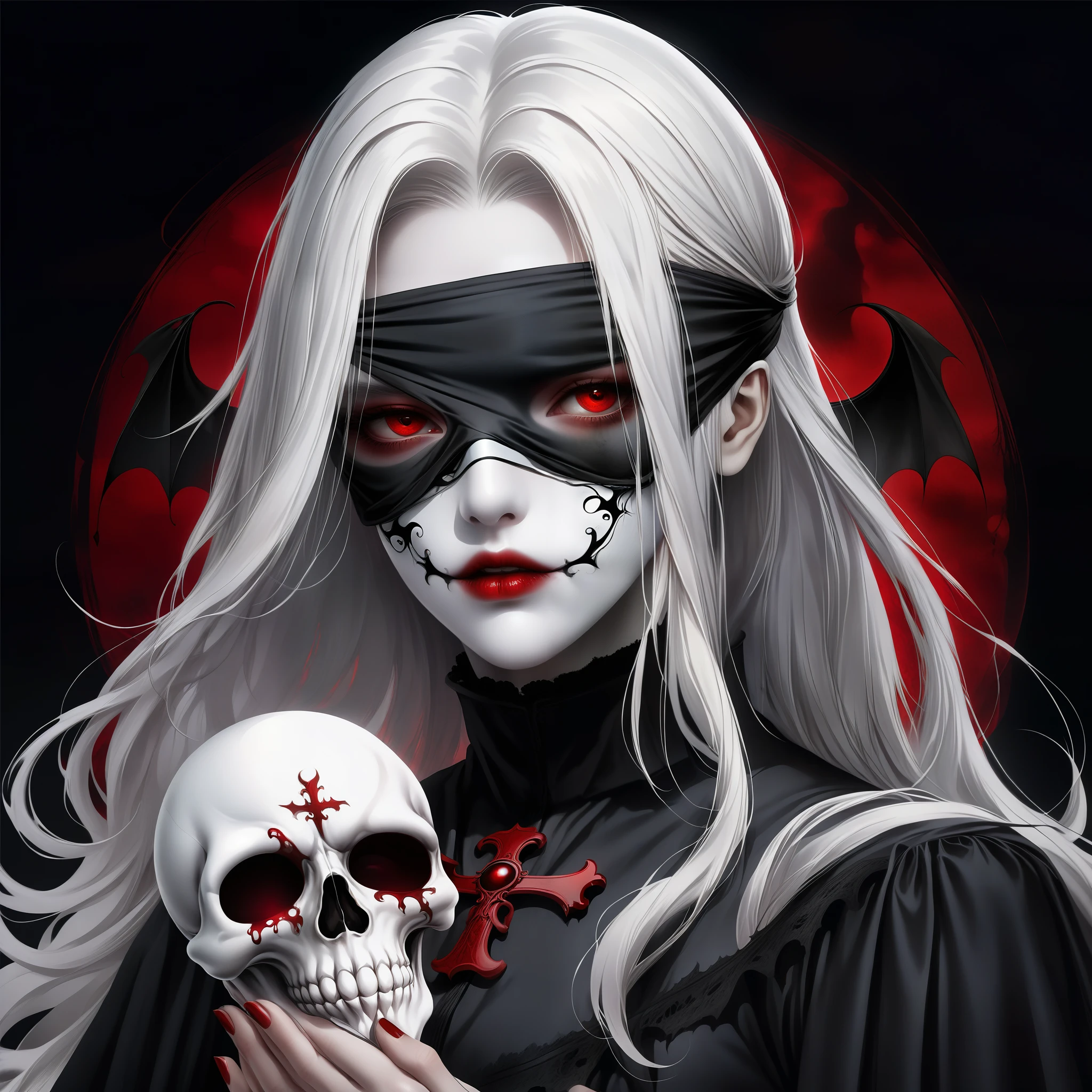 （Holding a mask in hand：1.5），（White-haired ghost wearing an eyepatch，straight hair，red eyes），（gothic art），（fear：1.5），（Correct human anatomy：1.37）