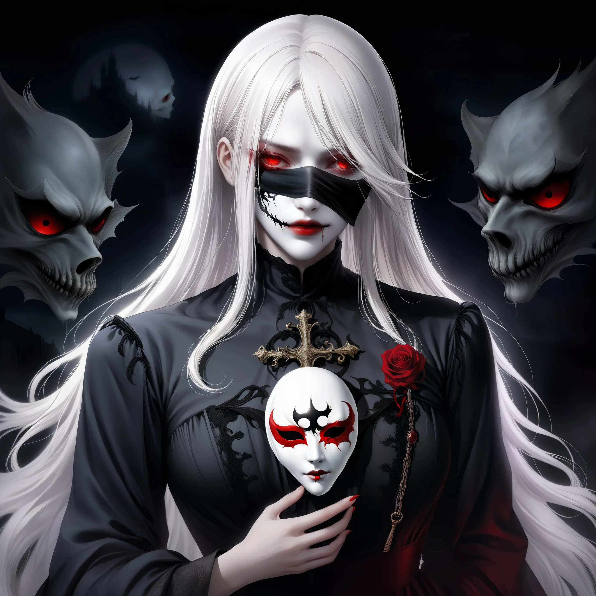 （Holding a mask in hand：1.5），（White-haired ghost wearing an eyepatch，straight hair，red eyes），（gothic art），（fear：1.5），（Correct human anatomy：1.37）