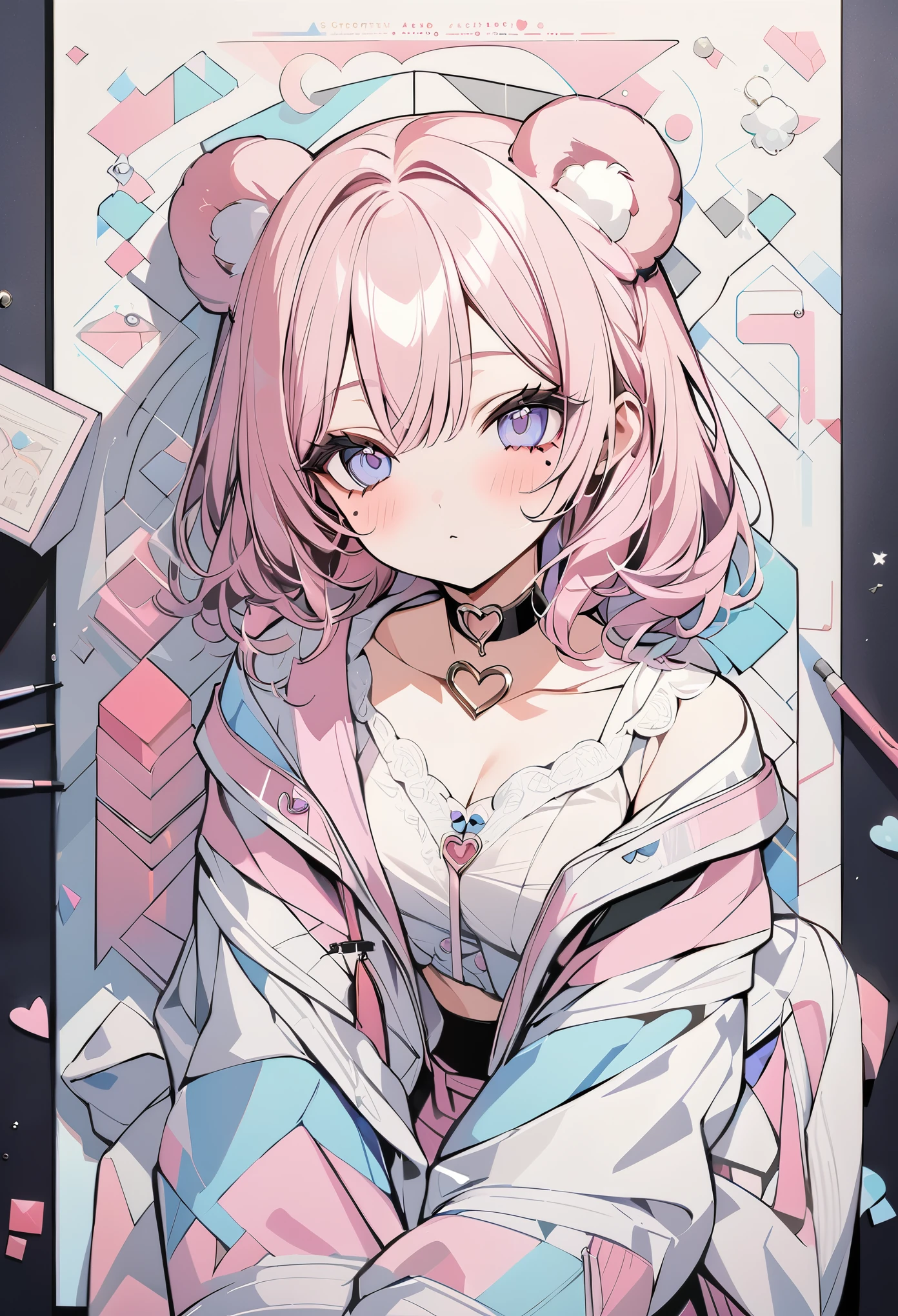 ,beautiful flower々),mole under eye, heart shaped choker, (masterpiece, highest quality), official art, beautiful and aesthetic: 1.2), (1 girl), very detailed, (geometry art: 1.3), colorful、pink bob hair、bear ears、 whole body