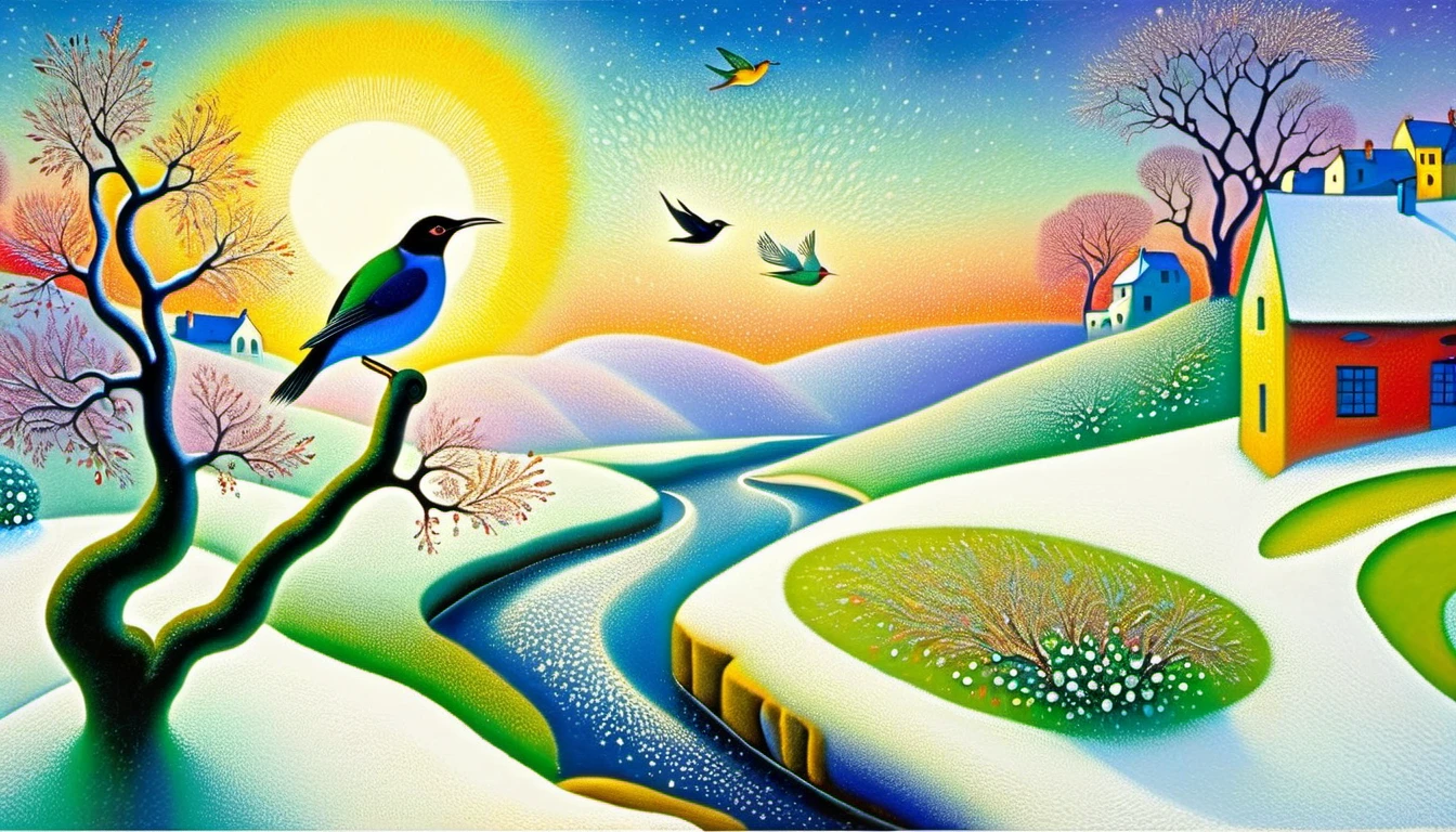 morning, sunrise, spring, snow melts, a stream runs, a starling sits on a branch,((Marc Chagall style)), magical naive art, primitivism, protogenes,
((Best quality, masterpiece)), (Higher detail), Impressionism:1.1, 8k