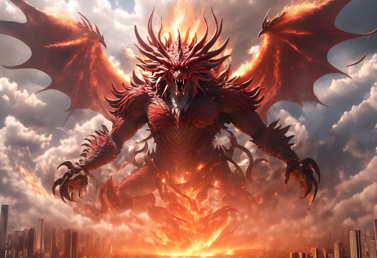 supernatural art,Monster_beast, Gigantic Bloody RedGaruda made of Fire, Fly with storm over the Burning Modern City}Horn,electricity,tooth, day, number_human, cday,movie light,high definition,High level of detail,best quality,Masterpiece,Very high resolution details, Take a photo, Realism is pushed to the extreme., fine texture, Incredibly realistic