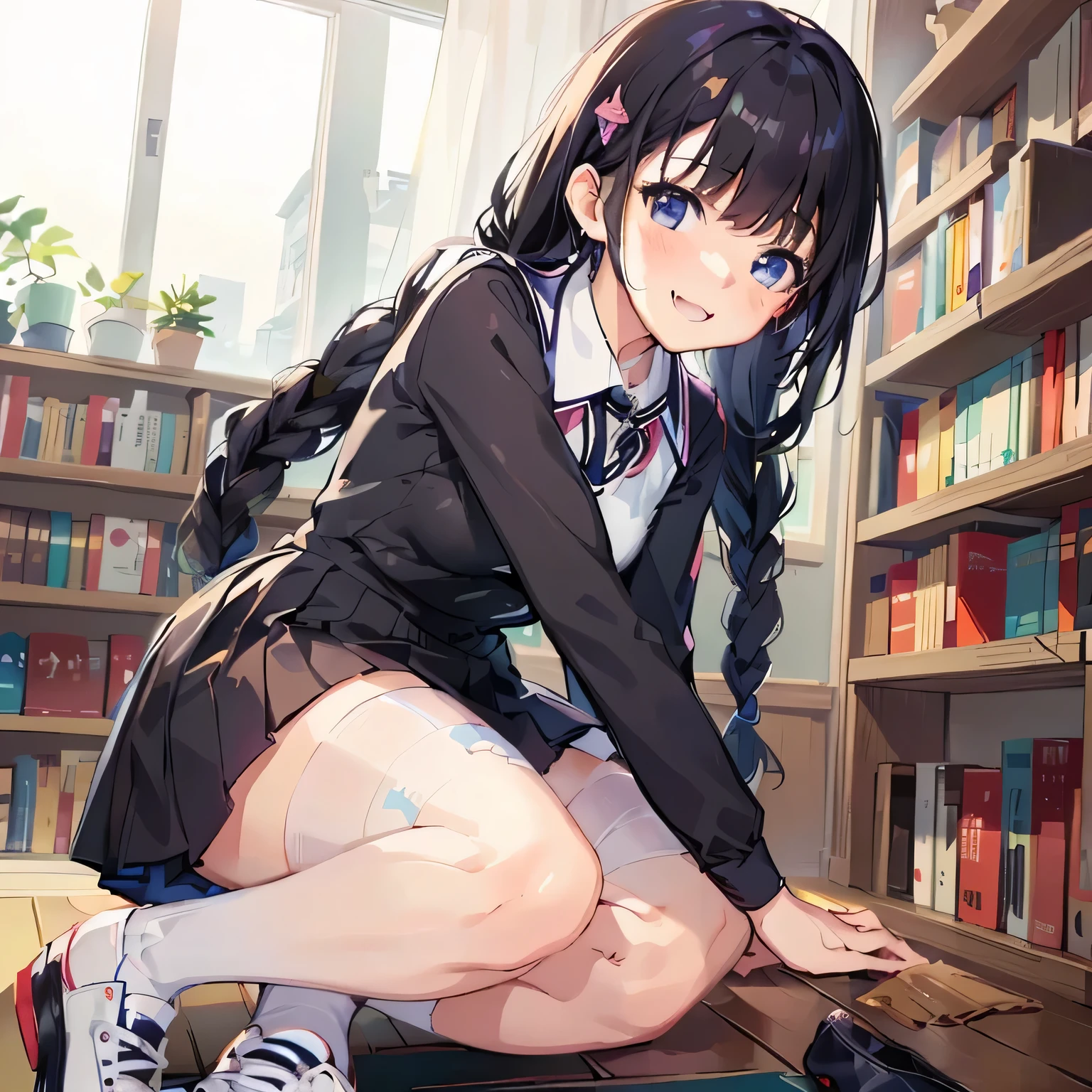 panties,Squat,front,From below,M-shaped feet,Black Hair,Straight hair,Black blazer,Black Skirt,socks,School,library,