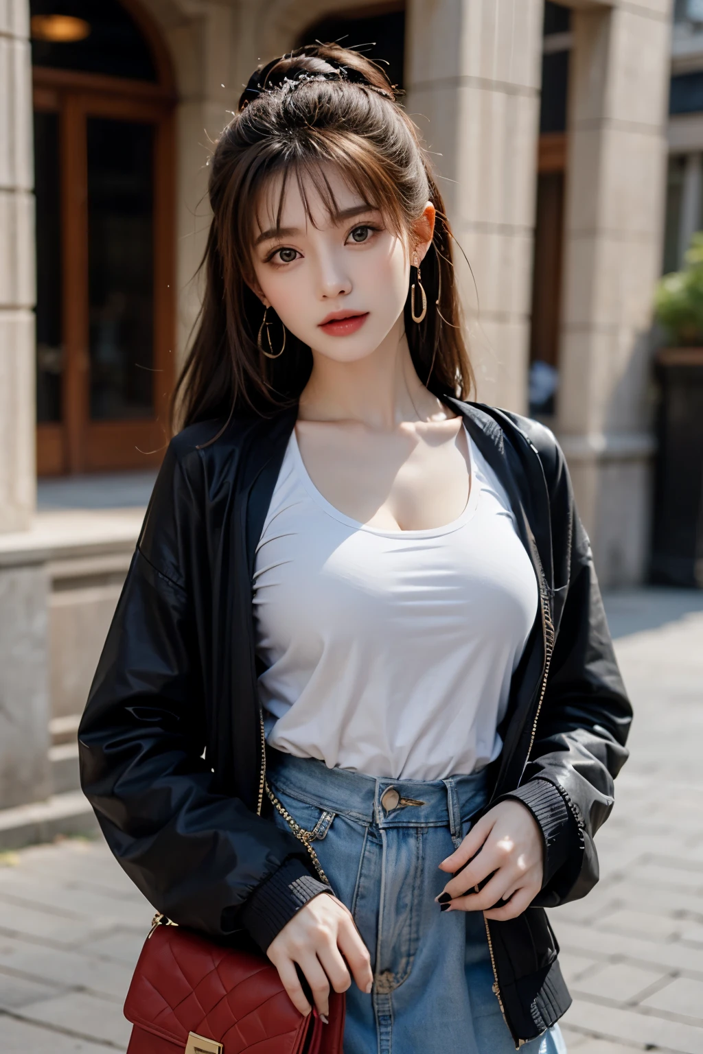 double,, , 1 girl, ahog, Bangs, black skirt, black sweater, blue nails, vague, vague background, breast, brown eyes, brown hair, brown Jacket, Keep your mouth shut, obsolete, sky, depth of field, earrings, eyelash, Raise your hand, head tilt, Jacket, jewelry, long hair, long sleeve, looking at the audience, medium breast, nail polish, Open your clothes, open Jacket, outdoor, purse lips, shirt tucked in, side lock, skirt, Sleeves extend beyond wrists, alone, sweater, Upper body, Pull, , , ((masterpiece)), ,