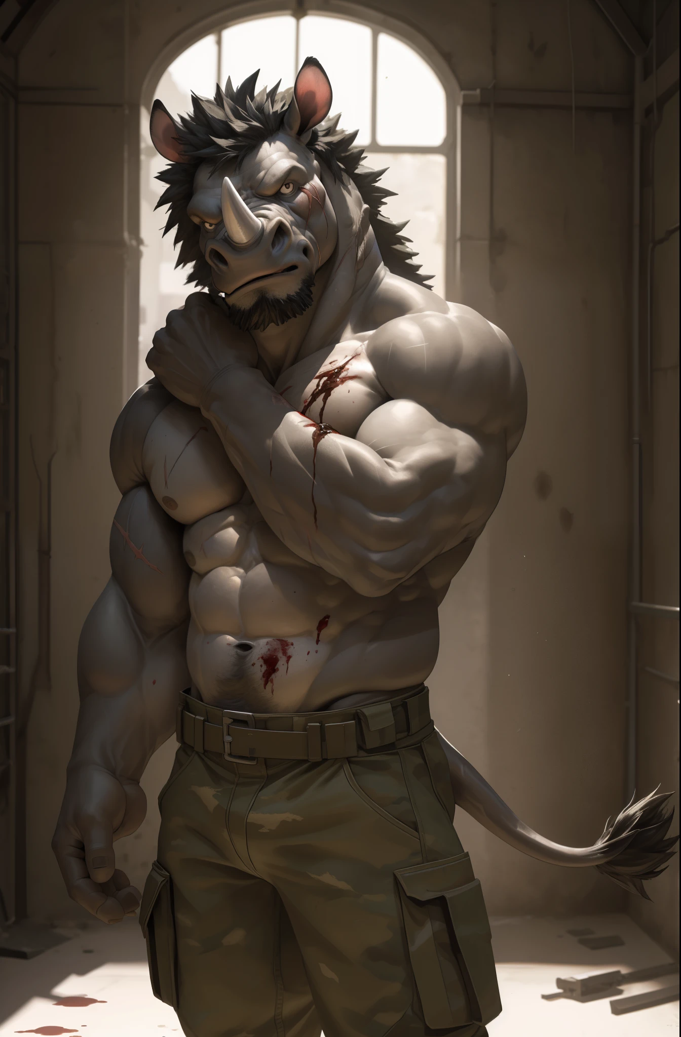 there is a Rhinoceros in a military pants, Rhinoceros, in a soldier pants, commission for high res, topless, SFW, anthropomorphic, extra detailed body, detailed body, Best quality, masterpiece, ultra high res,detailed background,realistic, real shadow and light,depth of field, (looking at viewer), details skin, angry face, Sexybody, Sixpack, muscular, hunky, mercenary pants, war zone, damaged, huge scar on his body, topless, pain, blood, painful, injury, open shirt, Rhinoceros.