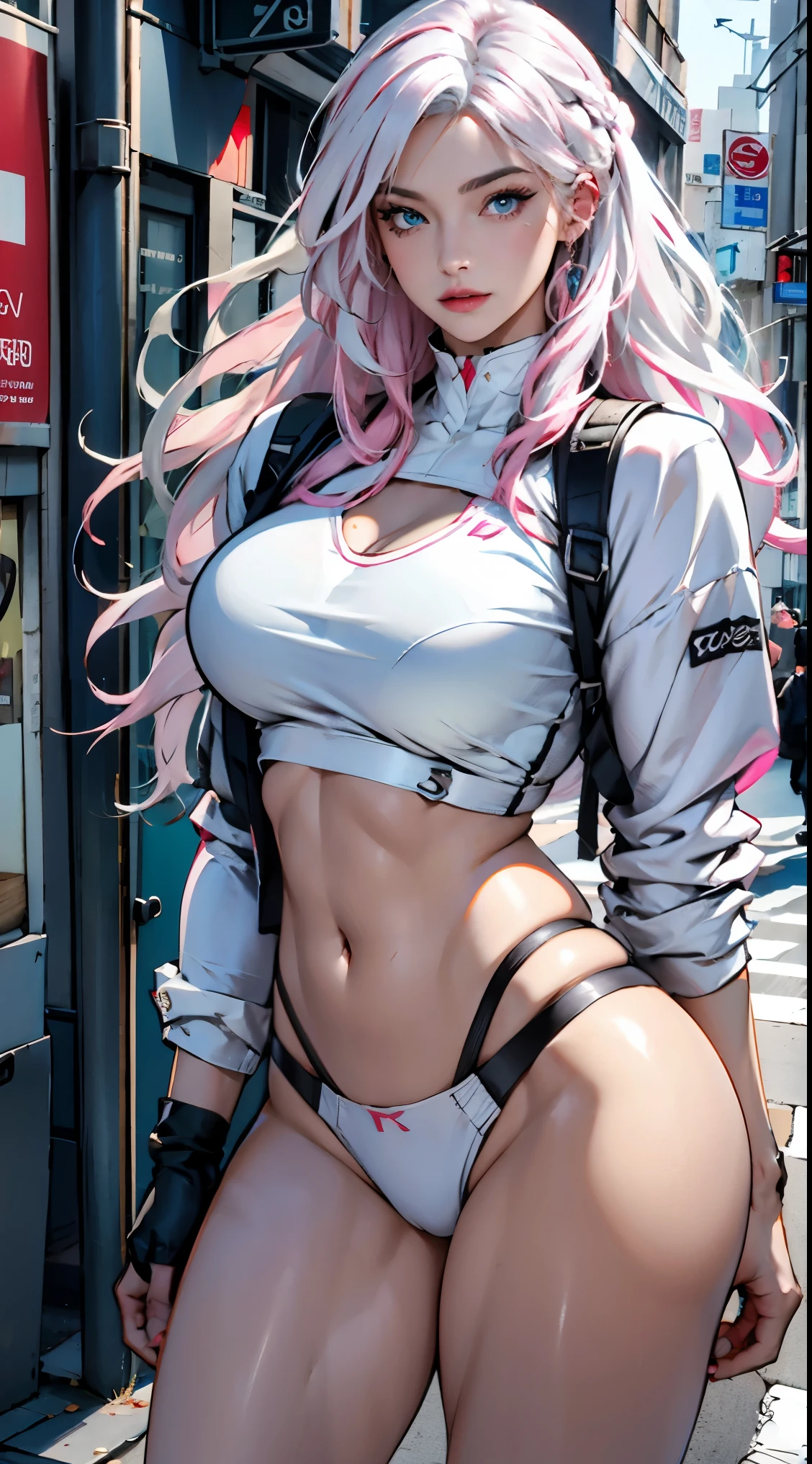 photorealistic, high resolution, 1women, shining skin, solo, pink lips, (long white hair, blue eyes), closed mouth, street wear, hips up,
