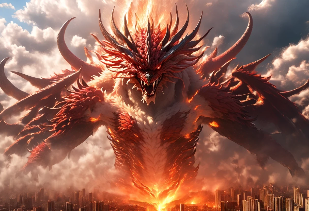 Bird eyes view photo, Hyper realistic art,Monster_beast, Gigantic Bloody RedGaruda made of Fire, Fly with storm over the Burning Modern City}Horn,electricity,tooth, day, number_human, cday,movie light,high definition,High level of detail,best quality,Masterpiece,Very high resolution details, Take a photo, Realism is pushed to the extreme., fine texture, Incredibly realistic