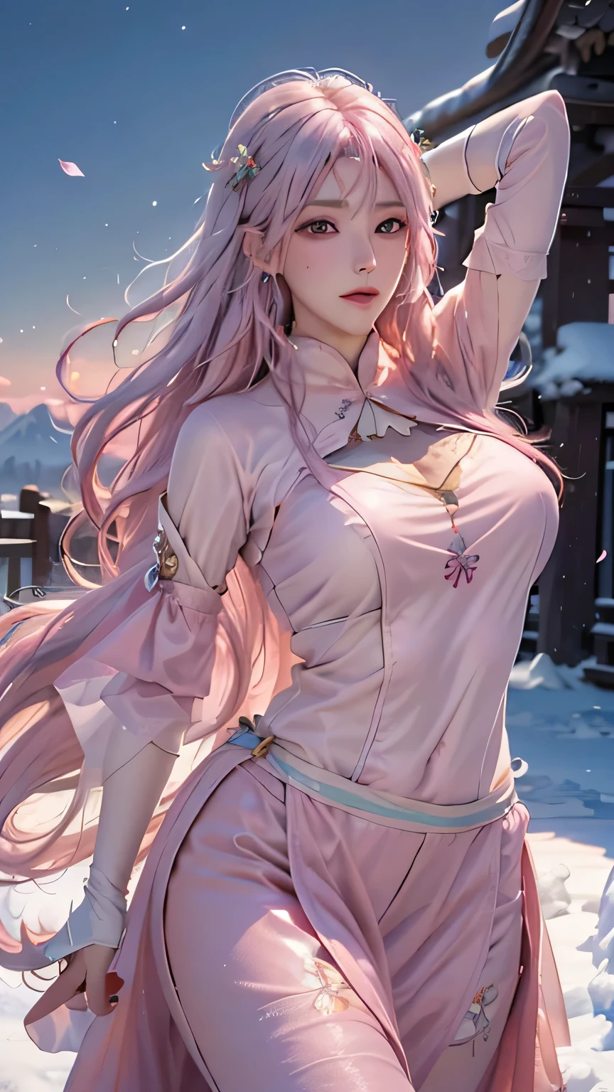Masterpieces,Best image quality,Ultra-high resolution,8k resolution,Sitting,The only person,woman,smile,Long white hair,Pink Hair,Crossed bangs,Wave Head,bracelet,collar,meanwhile,Lolita Costume,Snow Flower,Winters,Temple,new year,Opal Rendering,Cinema Lighting,(it's snowing,Cape),