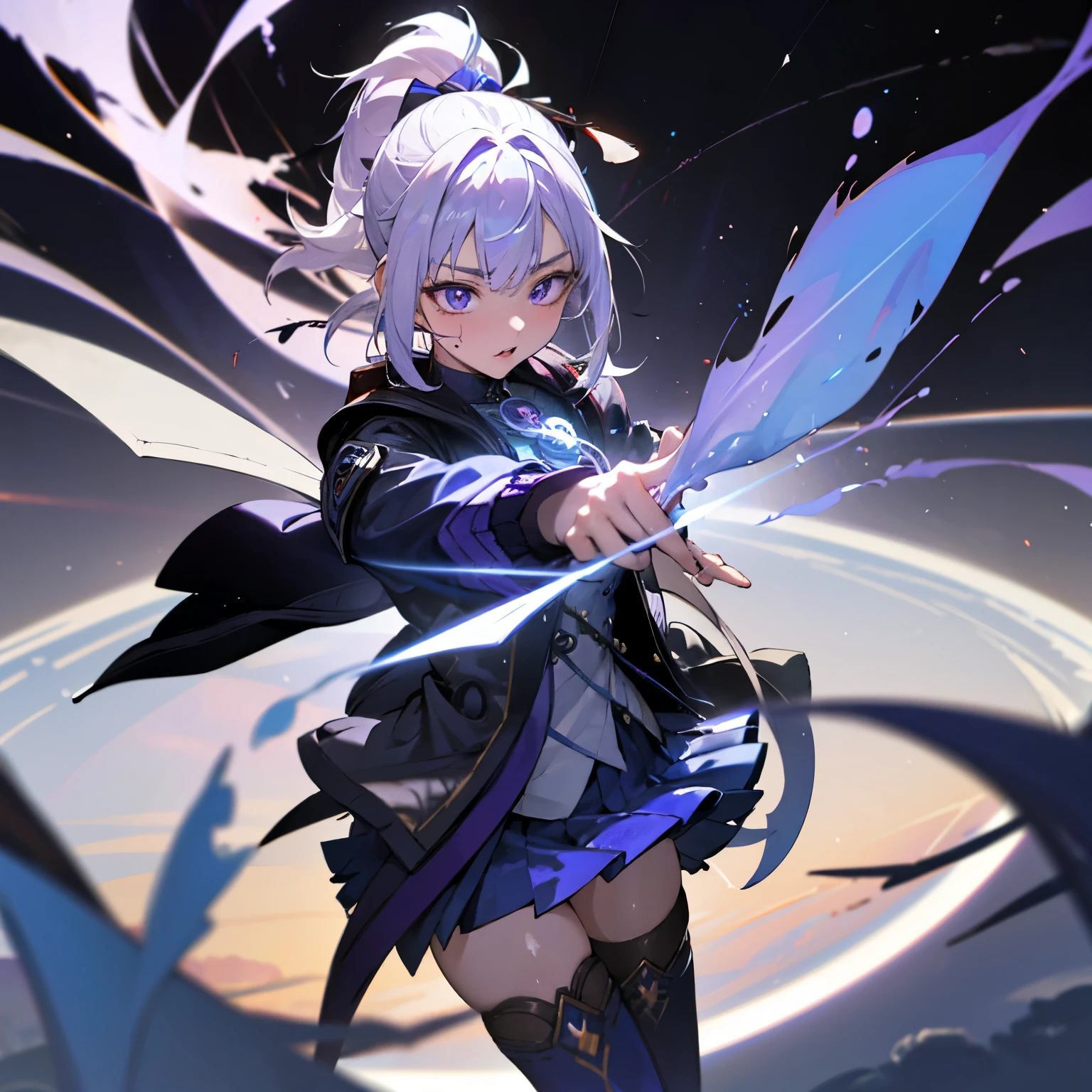 1girl, japanese clothes, ponytail ,white hair, purple eyes, magic circle, blue fire, blue flames, wallpaper, landscape, blood, blood splatter, depth of field, night, light particles, light rays, sidelighting, thighs, fate \(series\), genshin impact, ****, open jacket, skirt, thighhighs, cloud
