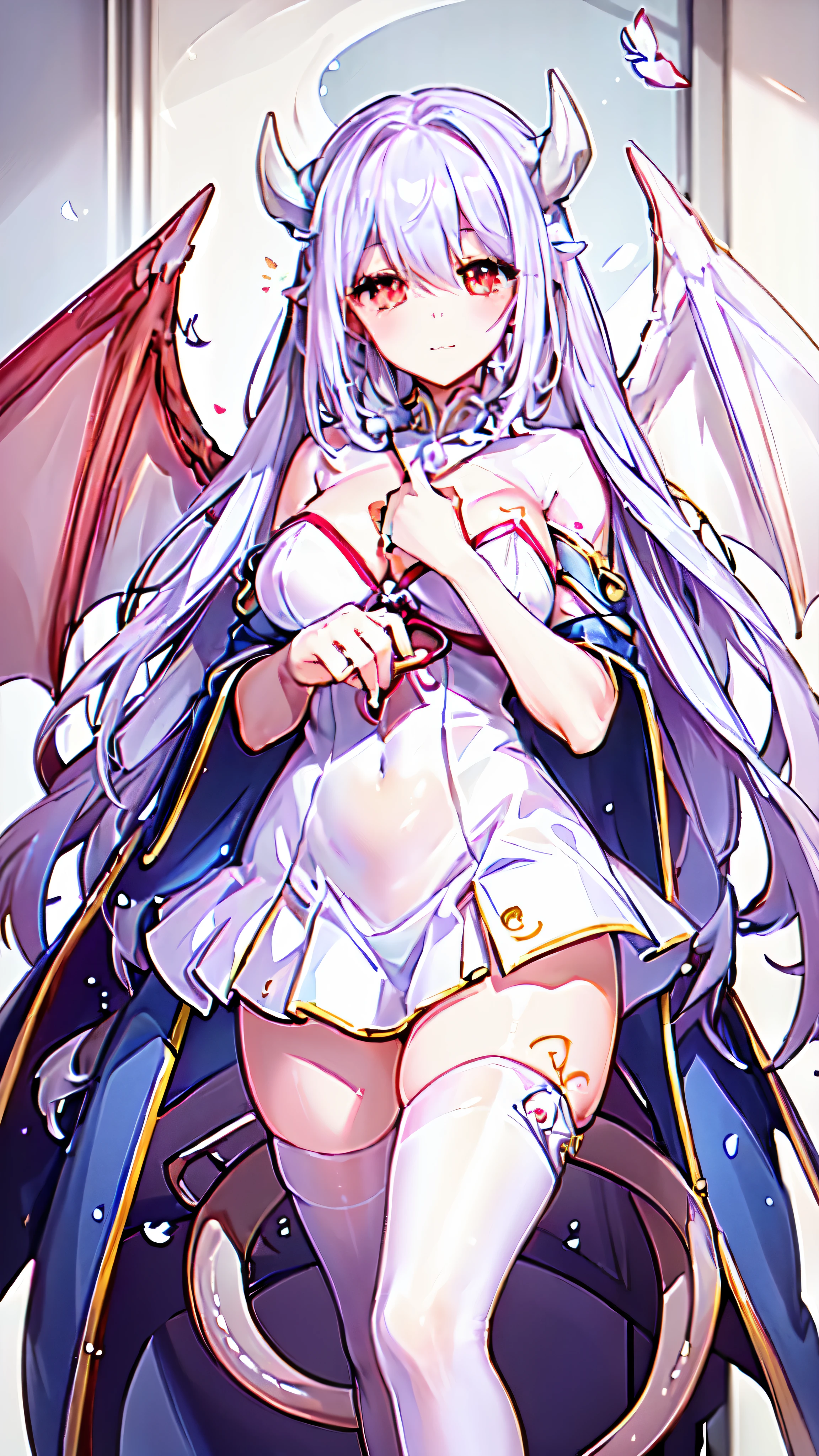 ((best quality)), ((masterpiece)), (detailed), perfect face,1girl, anime girl, white dress, long dress, stand up, beautiful girl,anime succubus, beautiful succubus, wings, demon wings,tail, pink tail, succubus with long dress, white dress, white skirt,white hair,(hair:1.2), red right eye, blue left eye,stand up, looking at viewer, cute,cute demon girls,very cute succubus,Stand in front of the Cherry blossom,bring a bouquet of flowers, wedding bouquets, white flowers,tails seductive,white stocking,tail in front,tail looking at viewer