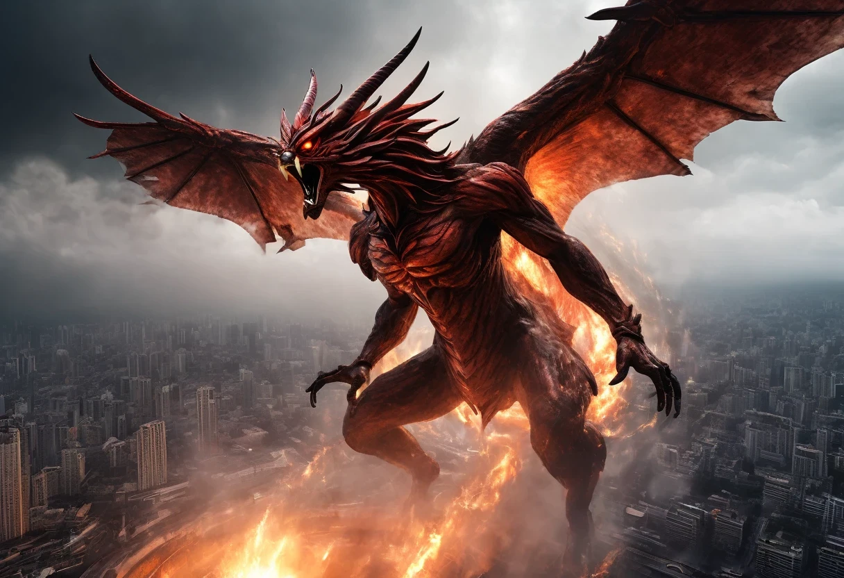 Bird eyes view photo, Hyper realistic art,Monster_beast, Gigantic Bloody RedGaruda made of Fire, Fly with storm over the Burning Modern City}Horn,electricity,tooth, day, number_human, cday,movie light,high definition,High level of detail,best quality,Masterpiece,Very high resolution details, Take a photo, Realism is pushed to the extreme., fine texture, Incredibly realistic
