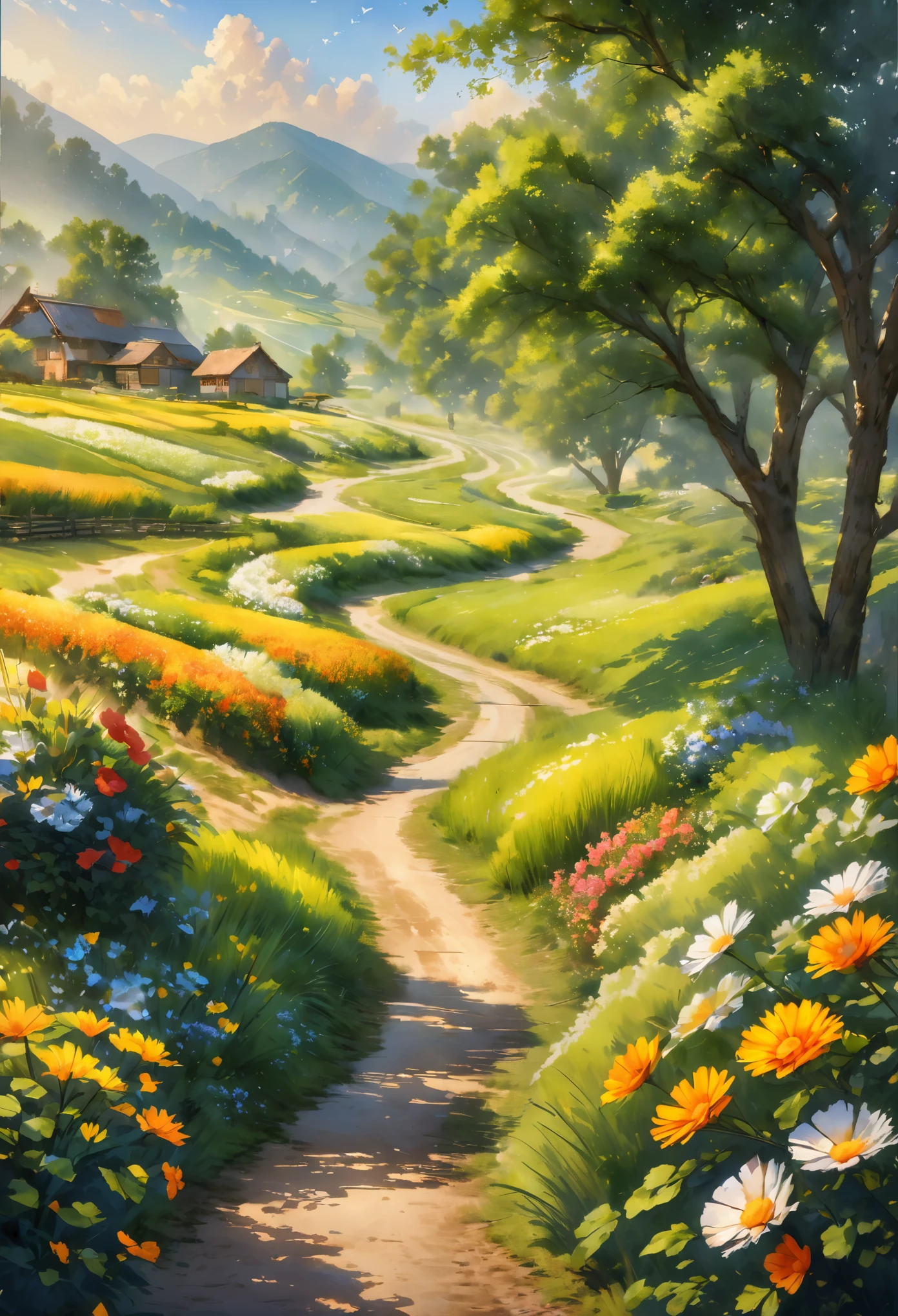 A peaceful countryside road in the morning sunlight, with green leaves gently swaying in the breeze. The fields are vibrant with lush green wheat crops, exuding a sense of vitality. In the distance, a bird happily sings on a branch, welcoming the new day. The air is filled with a faint floral fragrance, creating a serene and comfortable atmosphere. The entire scene radiates the essence of spring, brimming with energy and joy.
Medium: Watercolor painting, soft pastels
Additional details: Rustic wooden fences lining the road, a quaint old-fashioned water well, wildflowers dotted along the path
Image quality: (best quality,4k,8k,highres,masterpiece:1.2), ultra-detailed, (realistic,photorealistic,photo-realistic:1.37), HDR, vivid colors, sharp focus
Art style: Landscape, impressionistic
Color tones: Soft pastel hues, earthy greens and browns
Lighting: Gentle, warm morning sunlight filtering through the mist