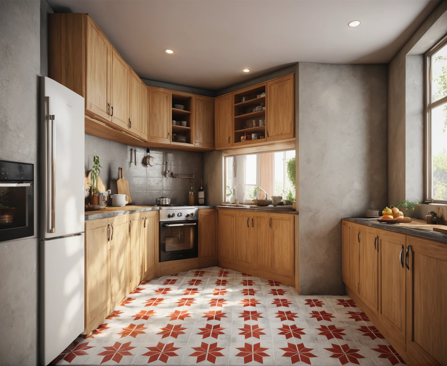 there is a kitchen with a refrigerator, stove, sink and a window, rendered in unreal engine 5, rendered in unreal engine 6, rendered in unreal 5, rendered in 8 k unreal engine, excellent 3d render, unreal 5 engine highlly render, rendered in corona, old kitchen backdrop angled view, vray 8k render, unreal 5 engine rendered