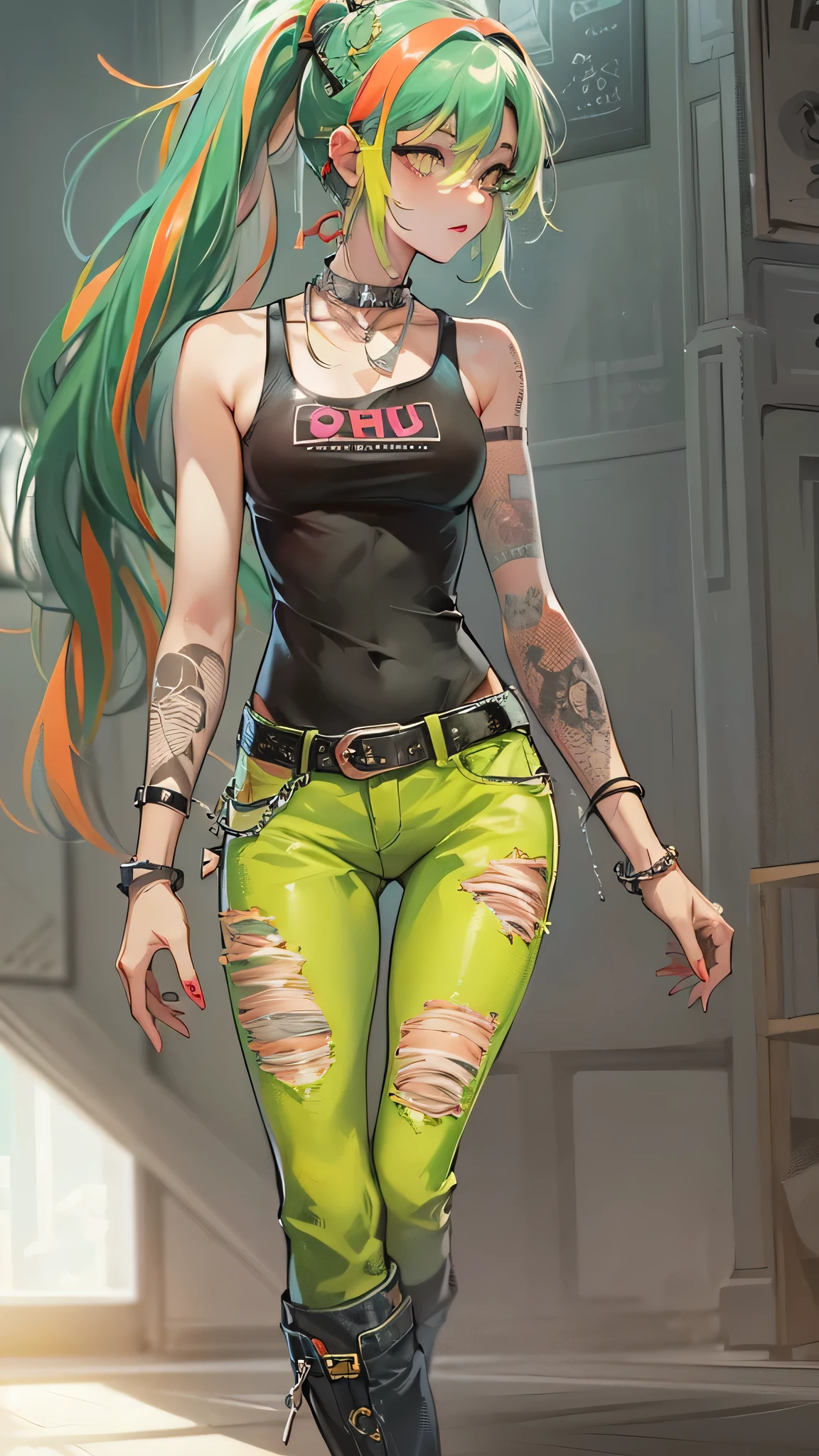 perfect anatomy, masterpiece:1.4, best quality, 8k, beautiful detailed grow, daydreaming expression, in the Fashion Stage, standing full body, (Punk Girl Fashion Style) (soro ponytail green hair long hair cute girl, , cute yellow eyes, sexy face), break, (tops is bluck punk tank top), Tight denim pants, high heels.