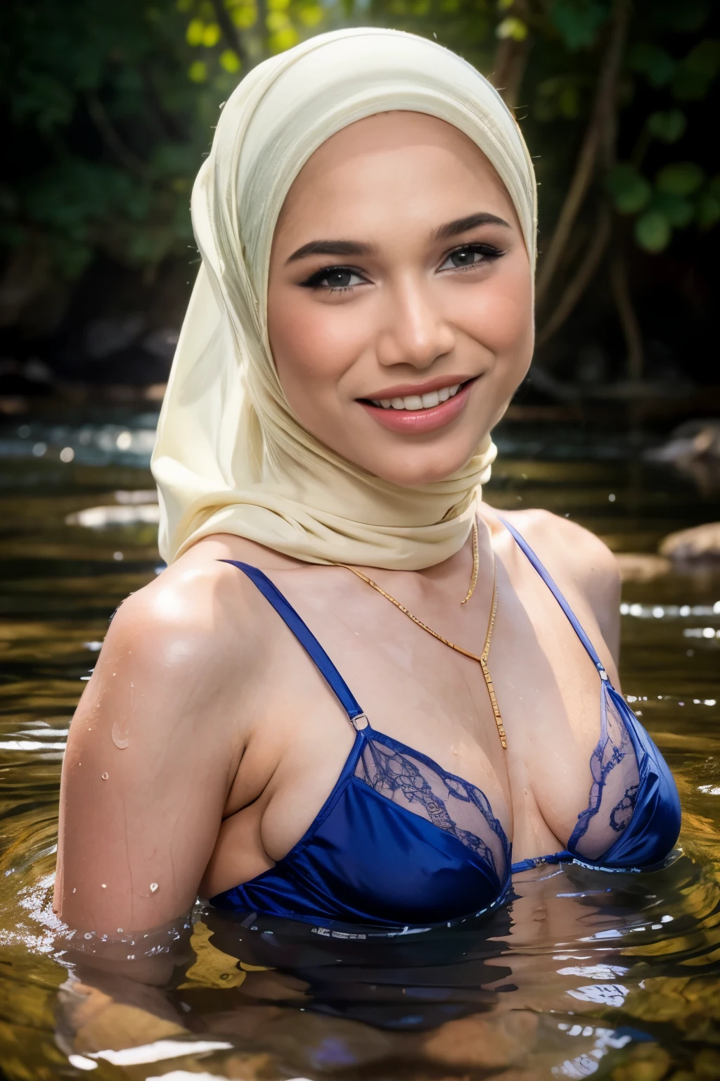 imantroye, close-up portrait of a beautiful woman hijab, smile, bathing in a river, wearing suit lingerie, (backlight), realistic, masterpiece, high quality, lens reflection, shadow, flower, [[chromatic aberration]], by Jeremy Lipking, by Antonio J. Manzanedo, digital painting,