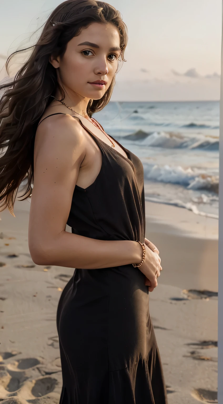 A young and beautiful brunette, 30 years old
	•	Shoulder-length black hair
	•	The girl looking straight into the camera
	•	A red dress, slightly below the hips
	•	Sunset beach shoot
	•	Professional photographer
	•	Beautiful Valencia landscape
	•	Soft sea breeze and waves’ light play
	•	Natural accessories like bracelets or necklaces with elements from nature
	•	Airy floral hair accessories
	•	Wide-format image with superb quality and realism
	•	Photographed with a professional high-resolution camera to capture every detail impeccably