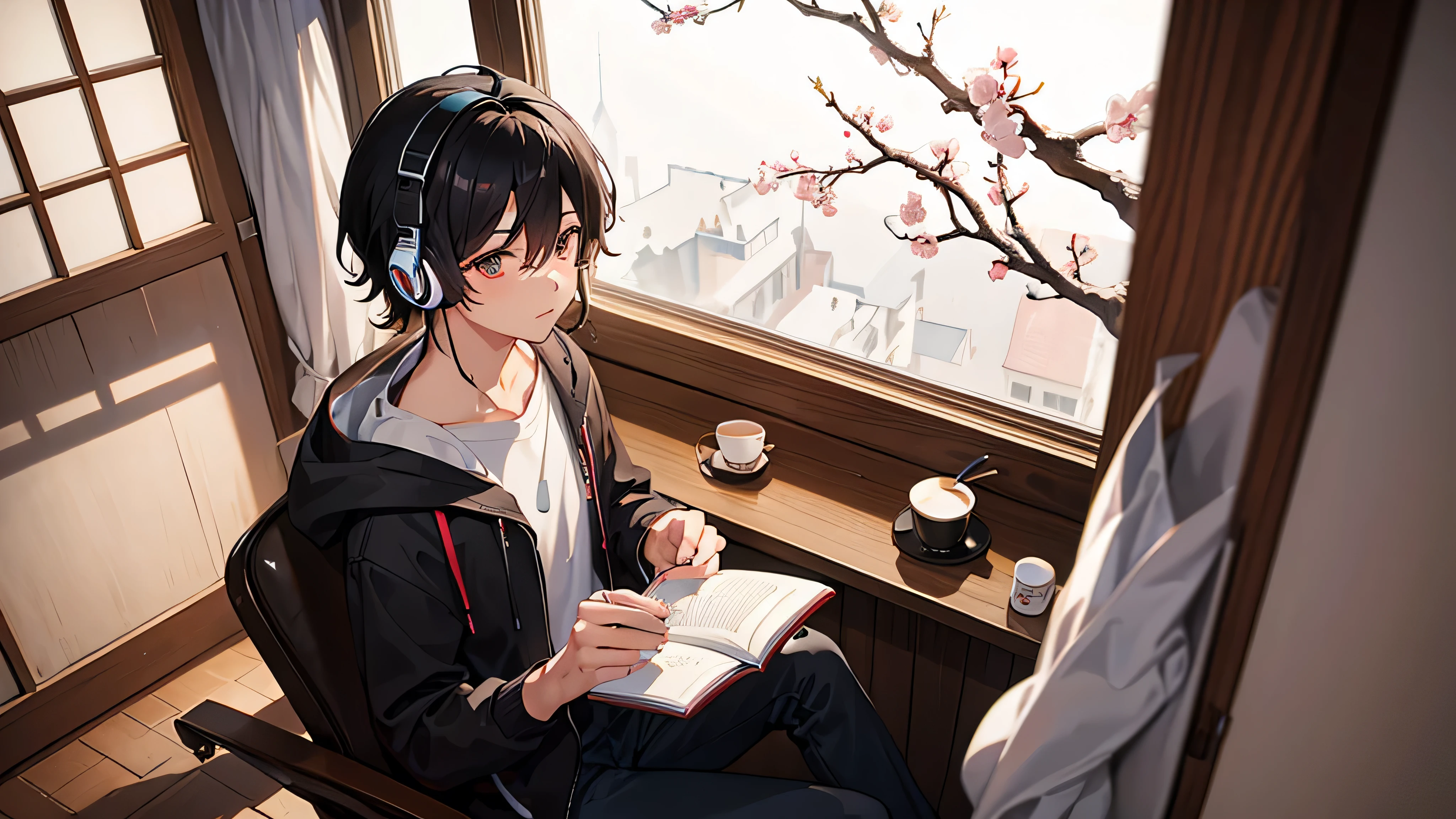 A black-haired boy wearing headphones studying while drinking coffee in the middle of the night room cherry tree by the window