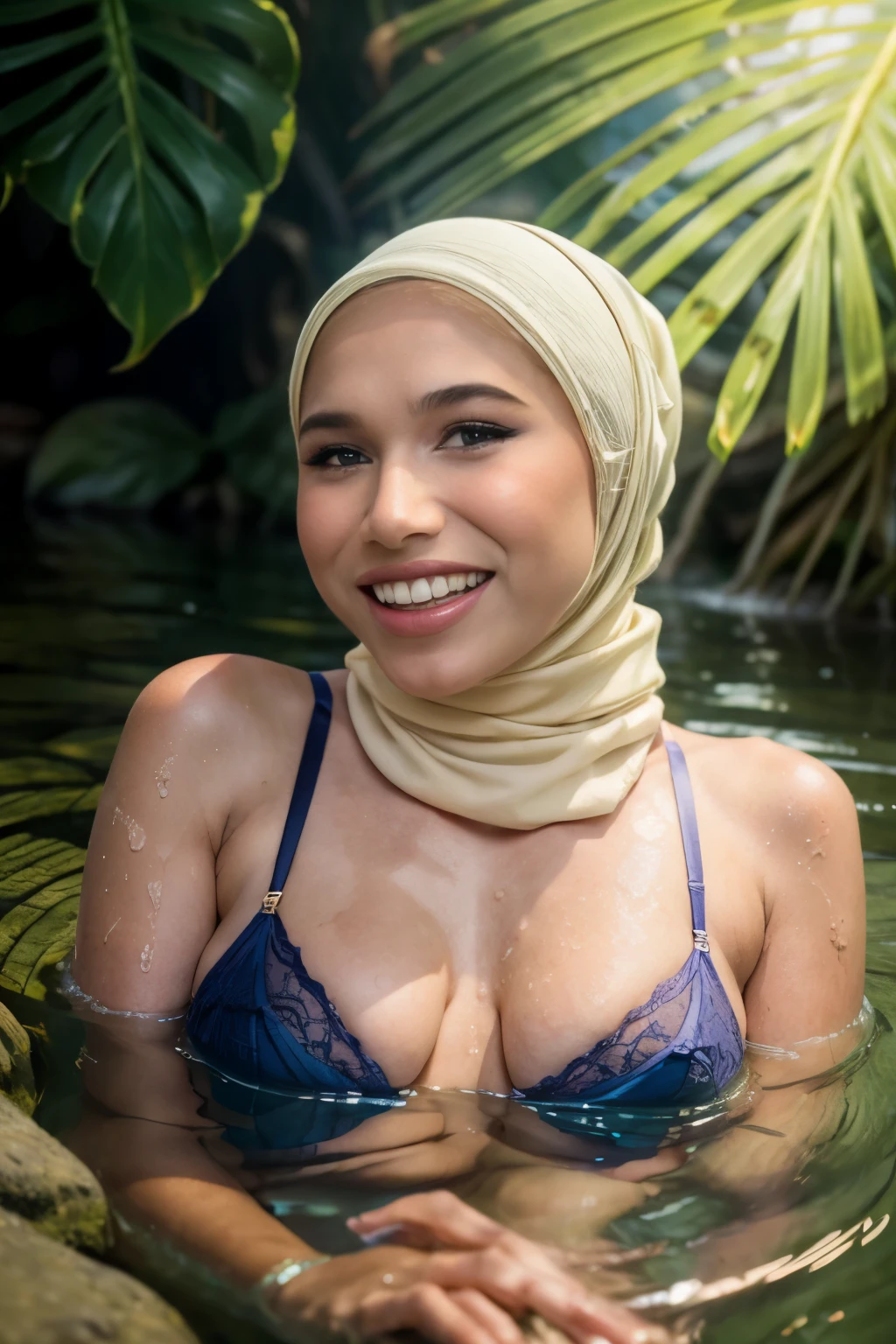 imantroye, close-up portrait of a beautiful woman hijab, smile, bathing in a river, wearing suit lingerie, (backlight), realistic, masterpiece, high quality, lens reflection, shadow, flower, [[chromatic aberration]], by Jeremy Lipking, by Antonio J. Manzanedo, digital painting,