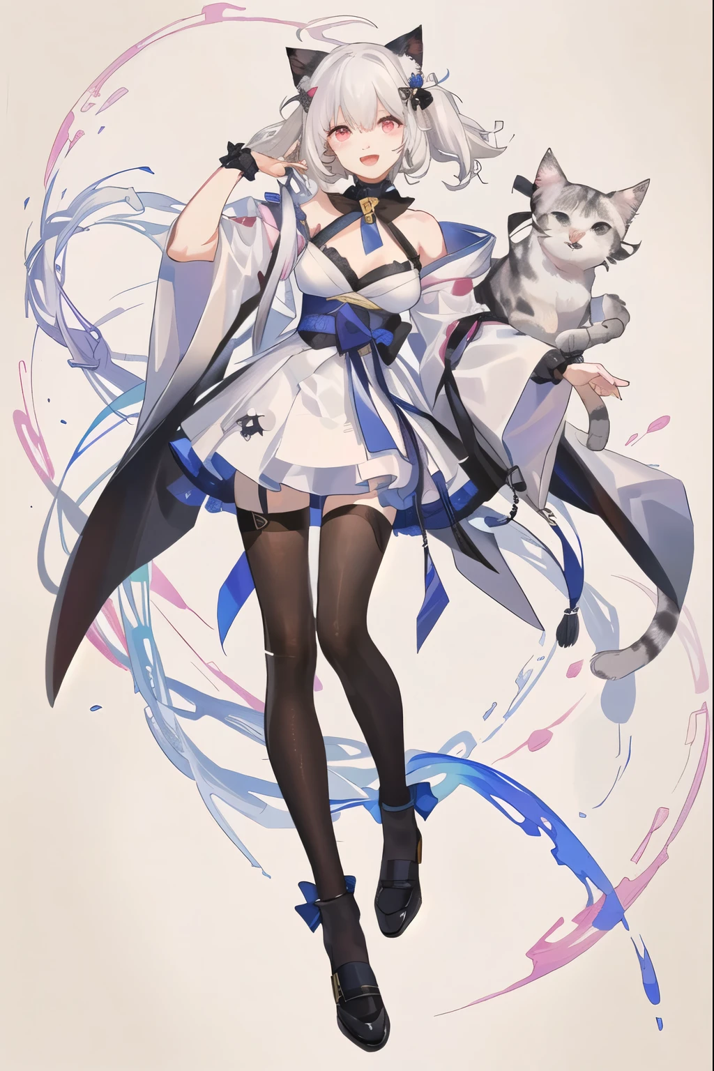 girl,whole body,(facial details:1.2),network background,masterpiece,Fashion,Tokyo,Harajuku,,white hair,straight hair,light pink eyes,cat girl,Big breasts,White cat ears,open mouth,Smile