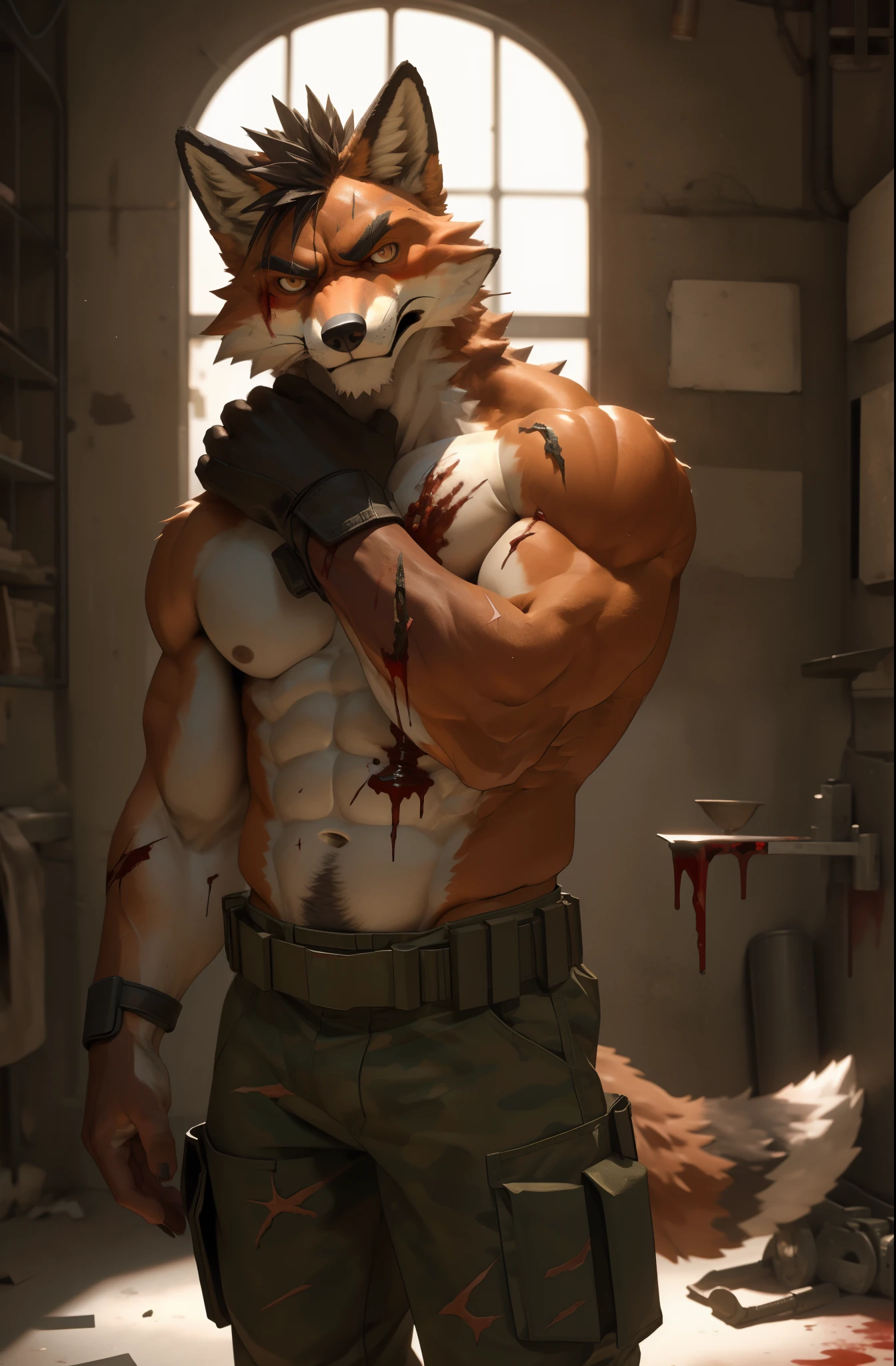 there is a Red fox in a military pants, Red fox, in a soldier pants, commission for high res, topless, SFW, anthropomorphic, extra detailed body, detailed body, Best quality, masterpiece, ultra high res,detailed background,realistic, real shadow and light,depth of field, (looking at viewer), details skin, angry face, Sexybody, Sixpack, muscular, hunky, mercenary pants, war zone, damaged, huge scar on his body, topless, pain, blood, painful, injury, open shirt, Red fox, topless.