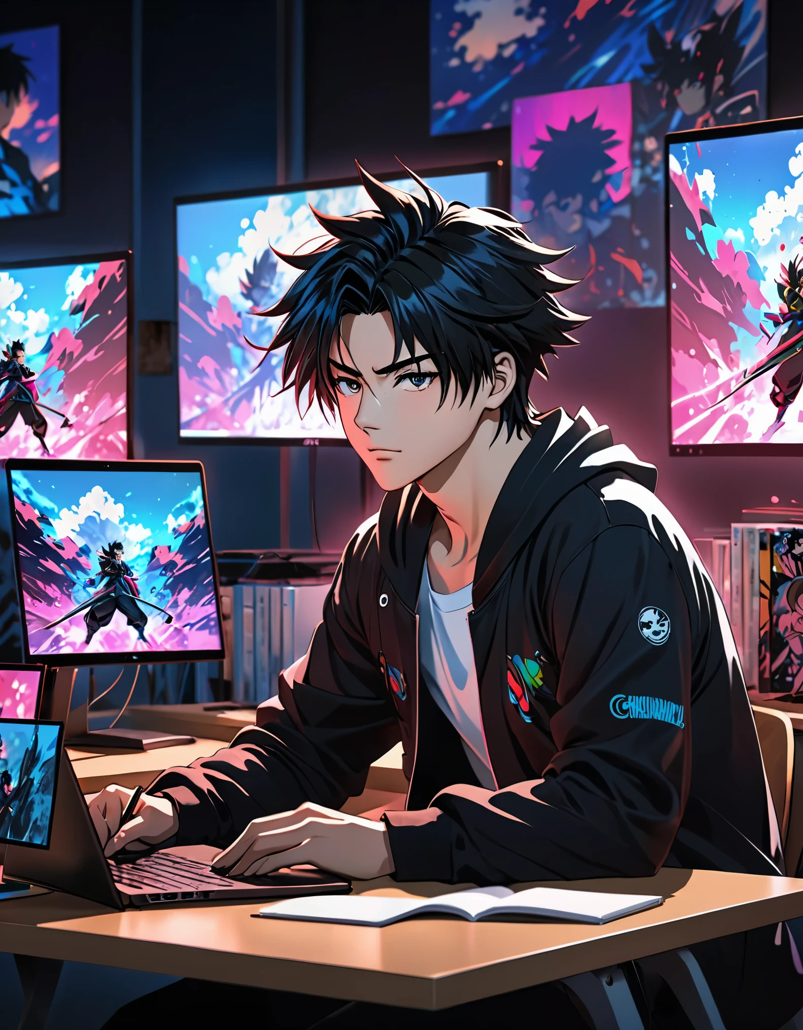 Anime characters sitting at desks，Comes with laptop and monitor, anime style 4k, 4k anime wallpaper, Badass Anime 8K, 4k comic wallpaper, young anime man, anime boy, anime wallpaper 4k, anime wallpaper 4k, High quality anime art style, Anime cute art style, anime art wallpaper 8k, anime art wallpaper 4k, RGB lighting,