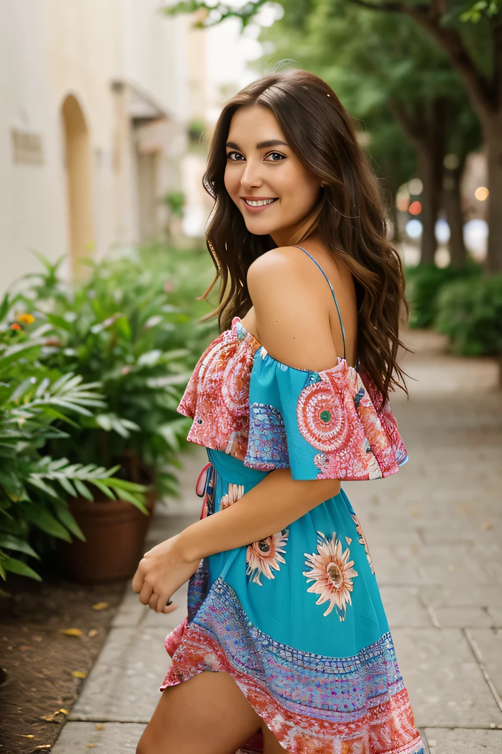 eye contact of a brunette with a medium length flowy hair and a colorful theme and turning her face to the camera in full length,laughing at the camera,summer off shoulder midi dress,full body pose 