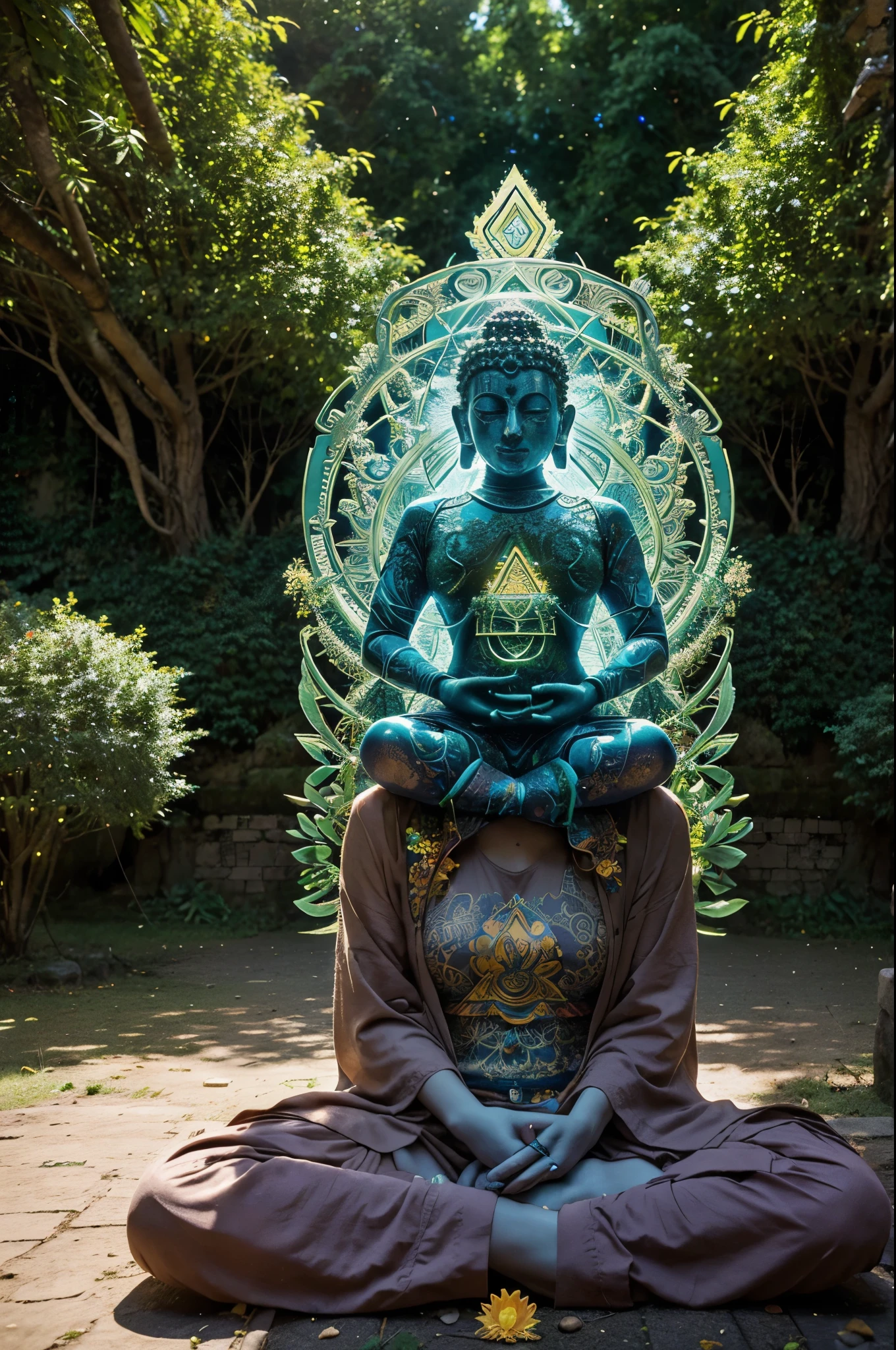 Psytrance fractal buddha in nature for a music cover art quantum particles in 4k aligned proportionally with symmetry in anime with chakras of your consciousness in the 3d of the real matrix of the world in which we live and exist in adidas shirt