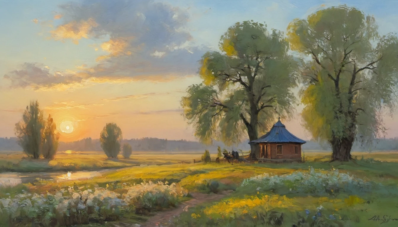 early morning, sunrise, spring,,((Aleksey-Savrasovl style))], oil art, protogenes, ((Best quality, masterpiece)), (Higher detail), Impressionism:1.1, 8k