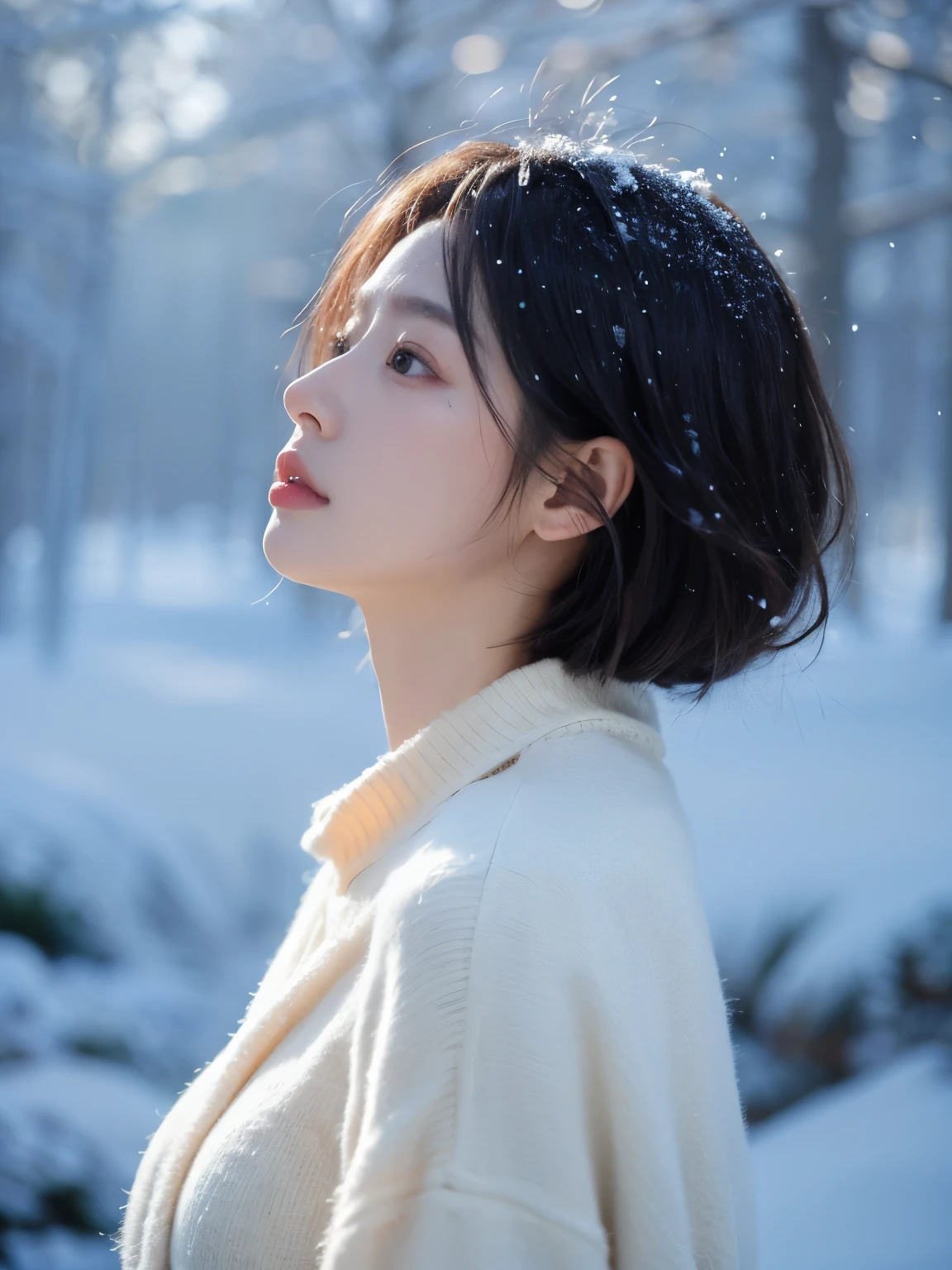 from side, winter forest, snow, soft cinematic light, backlighting, telephoto lens, A short-haired girl, diffused natural skin glow, looking up, masterpiece, best quality, realistic, raw photo, detailed face, detailed clothes