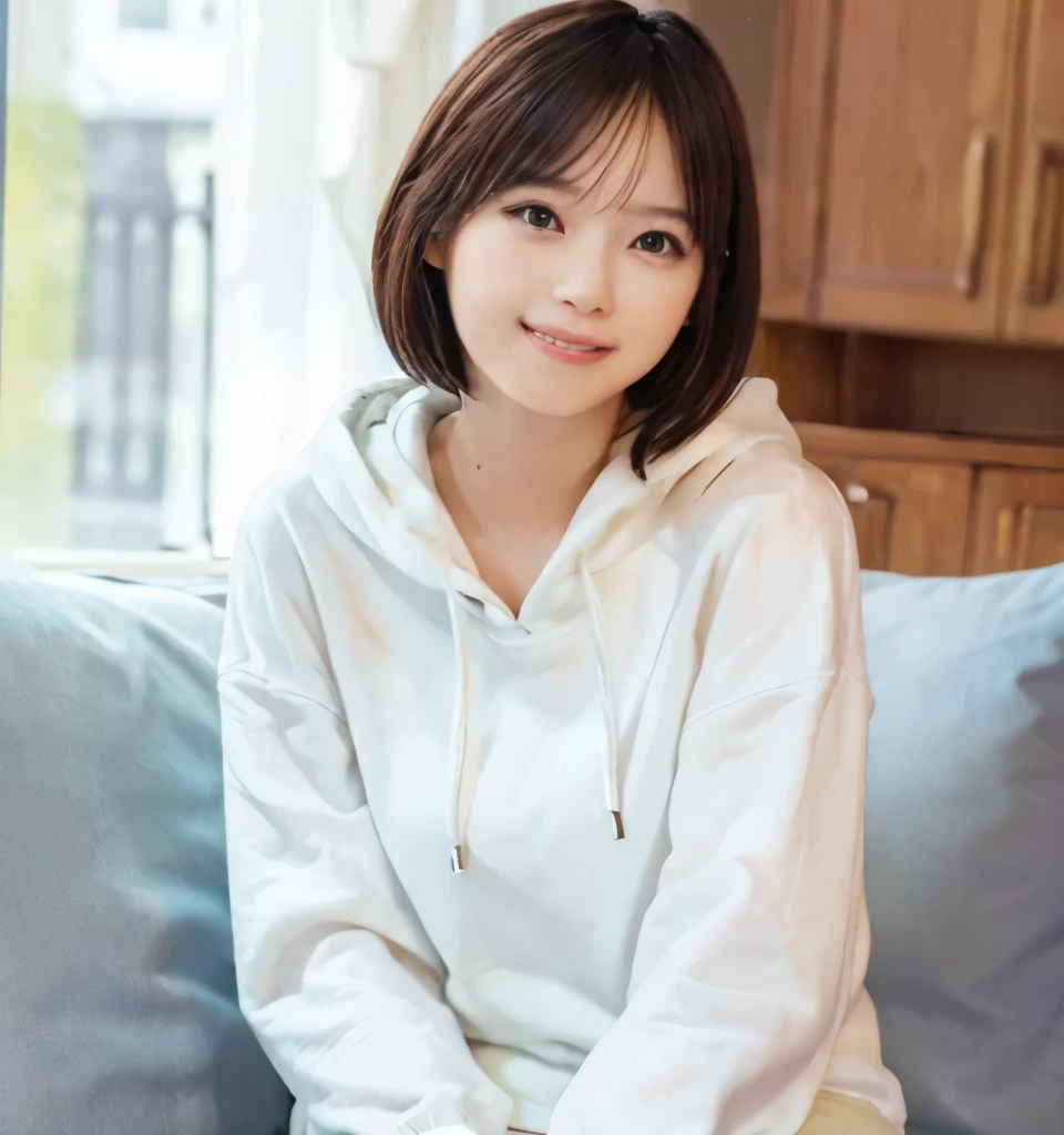 best image quality、highest quality、masterpiece、ultra high resolution、8K、immature、realistic:1.4、professional lighting、cute high school girl、baby face、very short hair、slender、Moderate size chest cup bust、smile、Me wearing a white hoodie、wearing denim pants、sitting on a white sofa in the living room