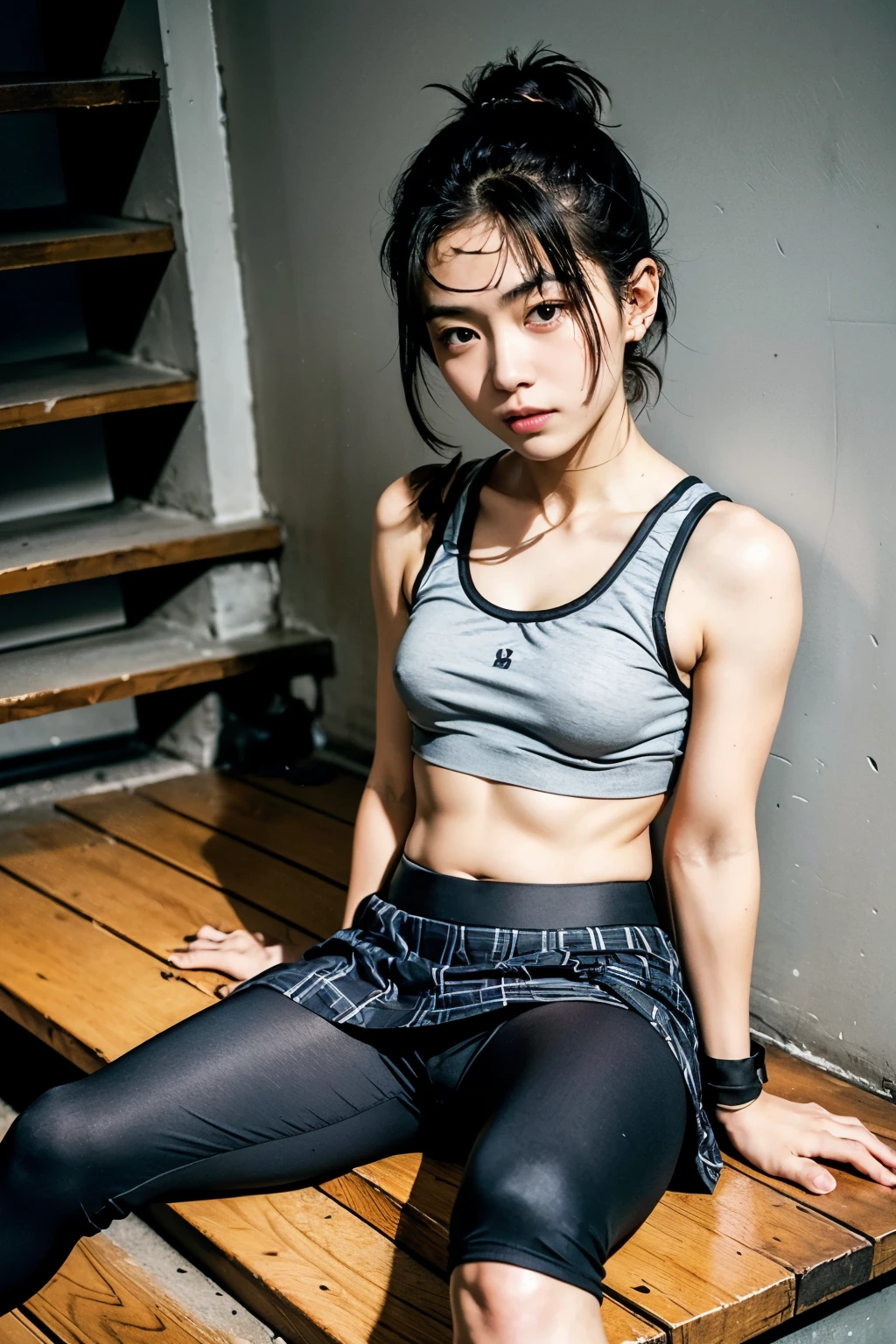 (Photographed with Canon EOS R5,Canon EF 24-70mm f/2.8L II,LED panel) , realistic, BREAK,
solo focus, (full body shot:1.4), BREAK,
(1girl, flat chest :1.4), (high resolution detail of human skin texture : 1.5), (eyes are red and swollen),
(1 Japanese girl ), brown eyes, nipples, hetero, parted lips,
spread legs, flat chest, lips,(:1.5),
perfectly proportions, breasts, looking at viewer, brown short hair, skinny body,
BREAK,
(wearing sports bra, wearing short spats pants under skirt :1.4), (black short spats pants:1.4),(plaid skirt:1.4),
(Do not expose upper body, Do not take off skirt:1.4),
BREAK,
(sitting down on stairs:1.5), outdoors,
BREAK,