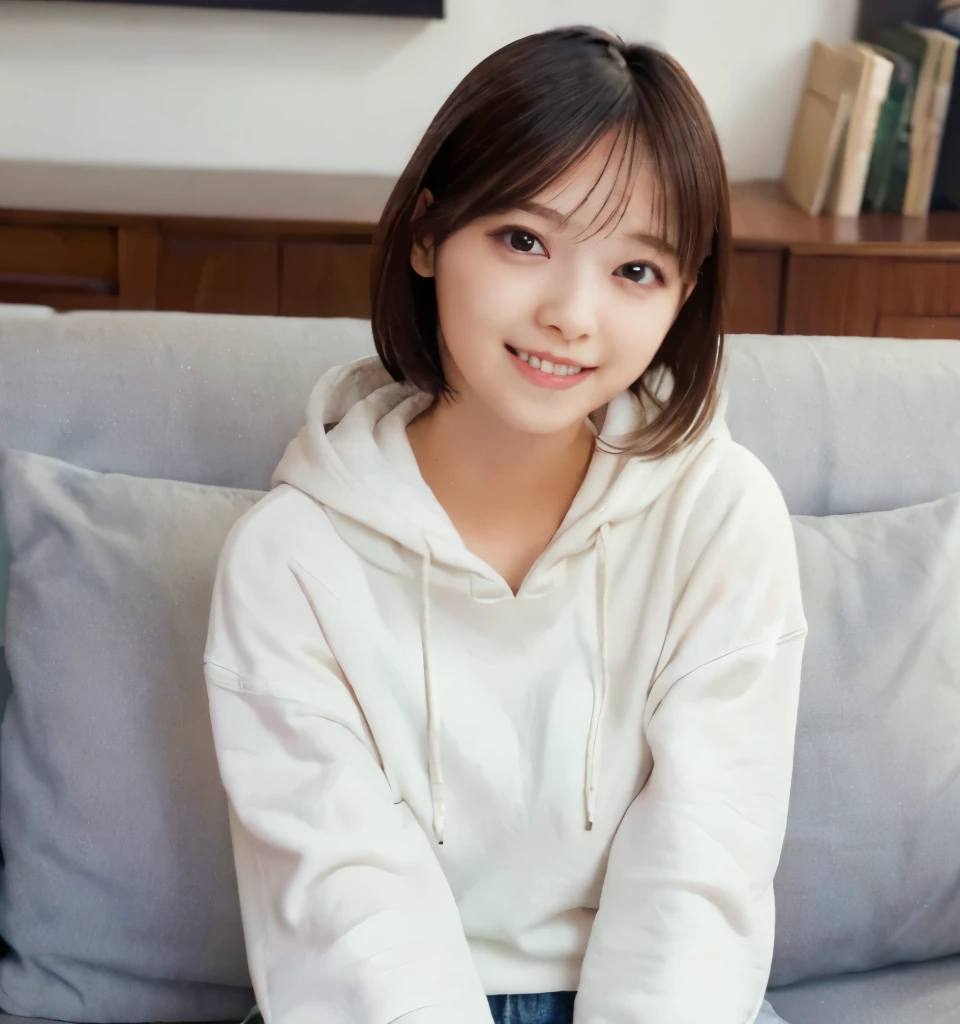 best image quality、highest quality、masterpiece、ultra high resolution、8K、immature、realistic:1.4、professional lighting、cute high school girl、baby face、very short hair、slender、Moderate size chest cup bust、smile、Me wearing a white hoodie、wearing denim pants、sitting on a white sofa in the living room