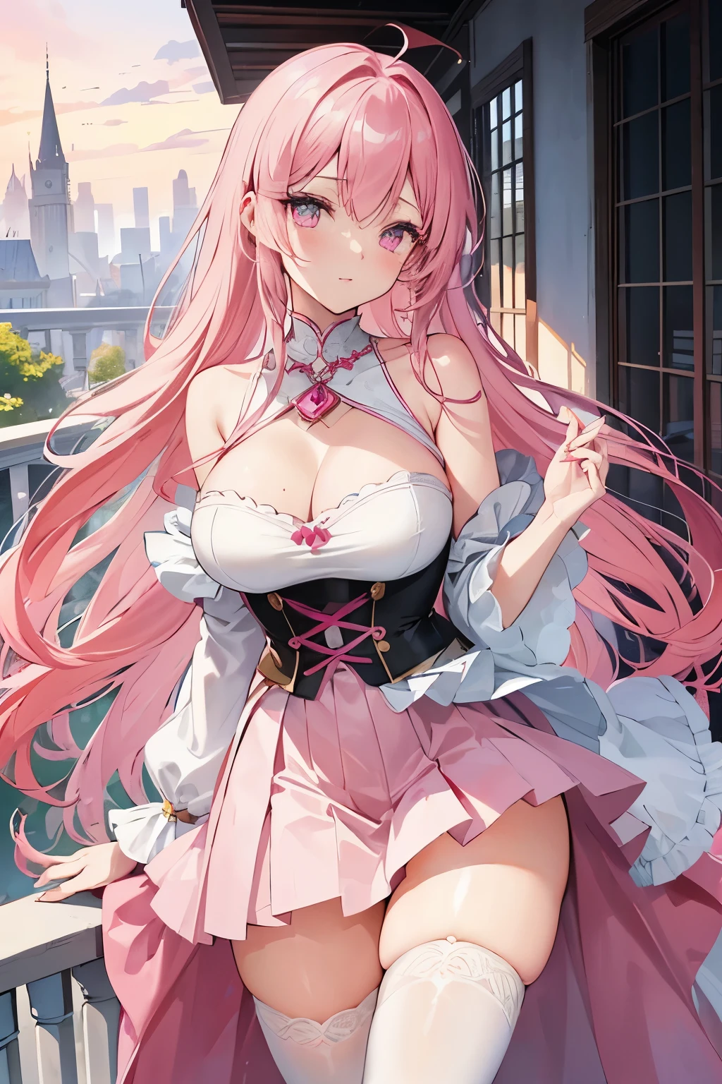 A beautiful anime girl, with long, flowing pink hair and sparkling violet eyes, stands gracefully on her balcony, her petal-pink skirt lifted ever so slightly to reveal slender, toned legs clad in thigh-high stockings. The sun sets behind her, casting a warm, golden glow upon her flawless, porcelain skin. Her delicate fingers trail gently along the balustrade, leaving lingering traces of creamy pink lipstick. Her loving expression draws the viewer in, her eyes seemingly conveying a whispered secret, a hint of blush on her cheeks adding to her captivating allure. The scene is rendered in best quality, with meticulous attention to detail, each