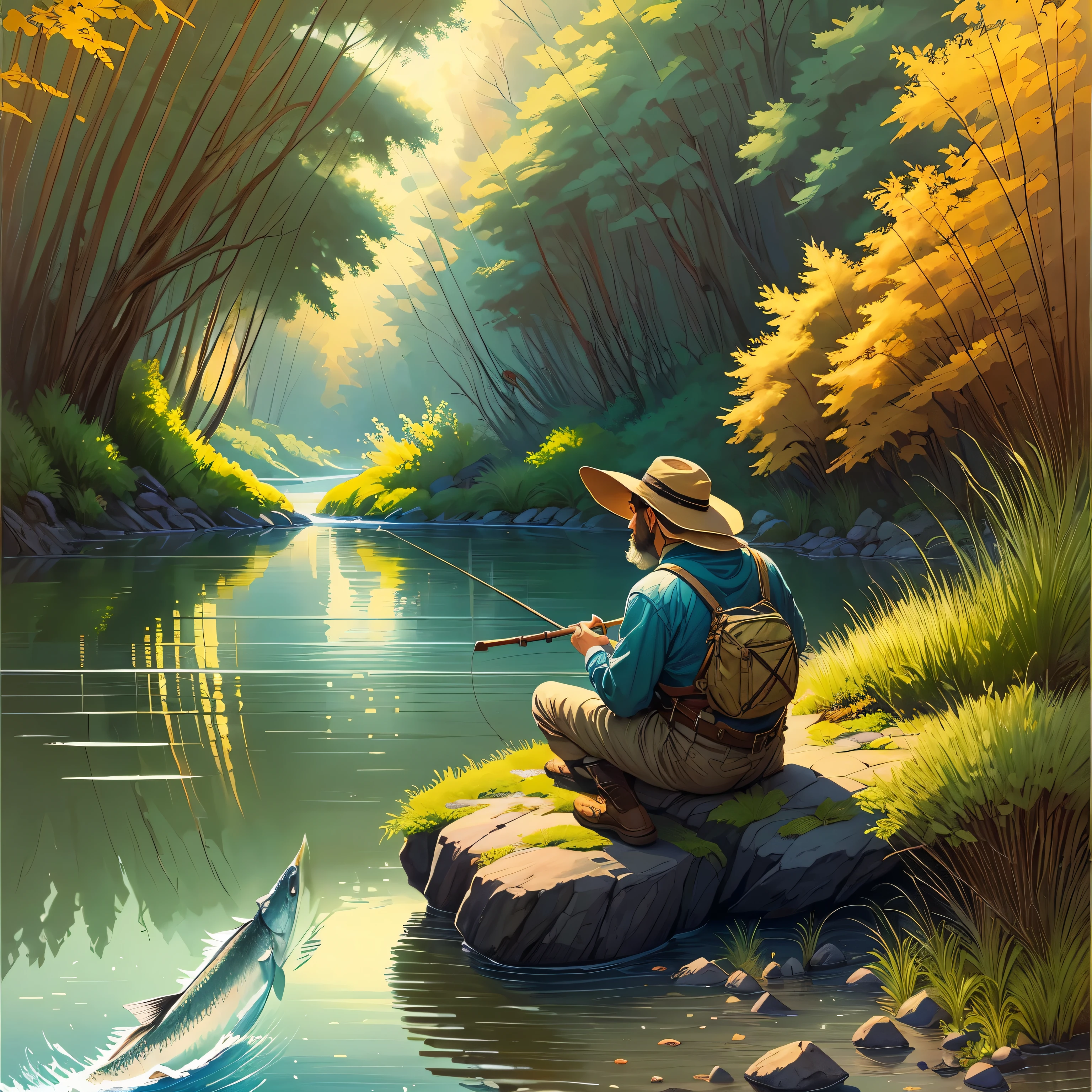 painting of a man fishing in a river with a fish, fisherman, A beautiful artistic illustration, Beautiful digital artwork, Detailed game art illustrations, cyril rolando and m. wakaluta, cyril rolando and m.wakaluta, Highly detailed figures, amazing wallpapers, Beautiful digital painting, fishing, 3 0, Beautiful illustration, Beautiful and detailed scenes