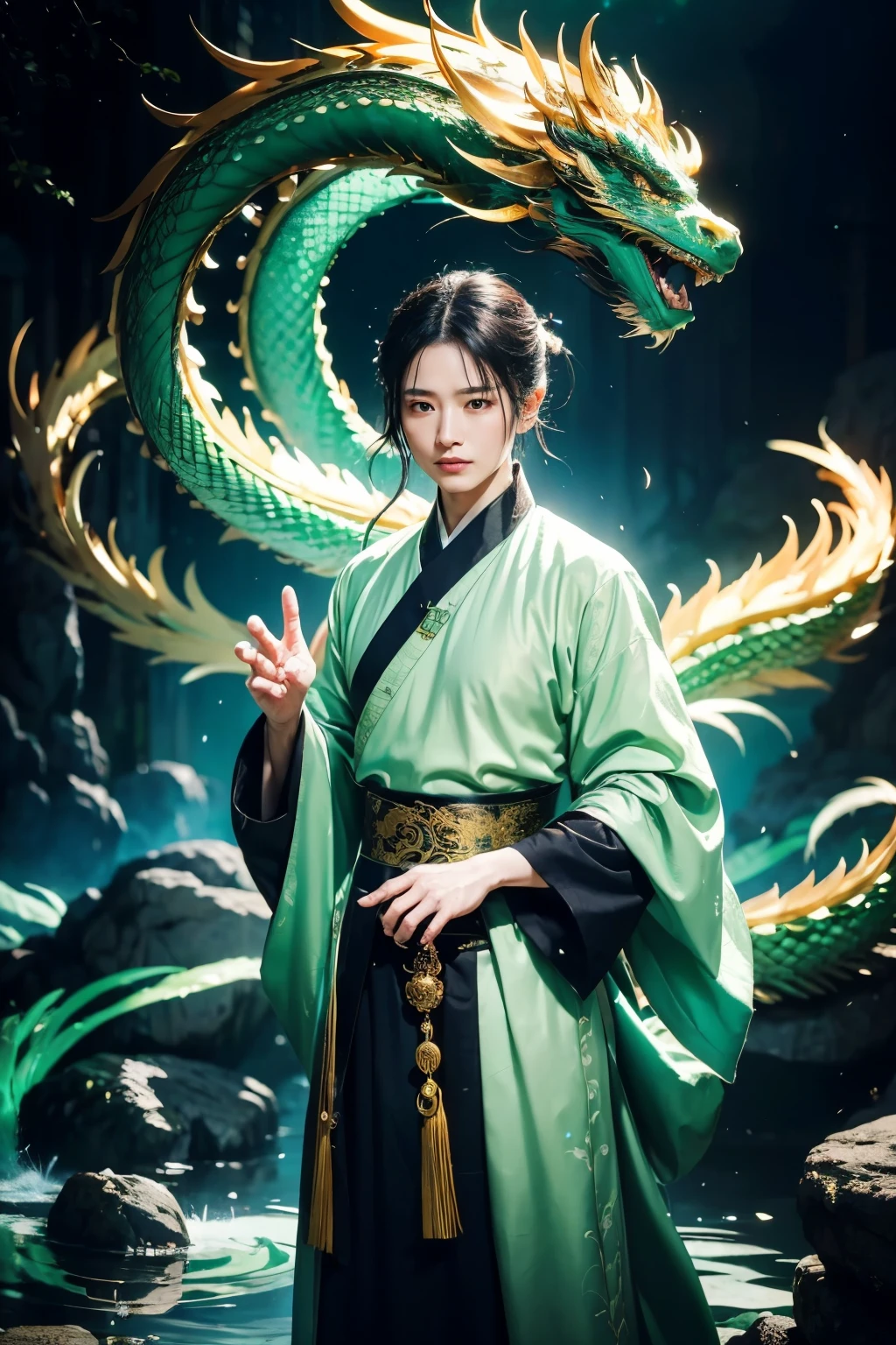 Chinese style, 中景 the scene is set with a serene and mystical atmosphere. A Taoist priest, dressed in traditional robes, stands firmly in front of a colossal, emerald-green dragon. The dragon's eyes gleam with an otherworldly radiance, and its massive form seems to stretch on endlessly. The priest, with his long, flowing hair, reaches out his hands in a gesture of peace. A soft, ethereal glow effect emanates from the scene, adding to its surreal charm.

Super real photos of this captivating scene are captured in stunning 8K Chinese ink style. The vibrant, lively strokes of ink convey the essence