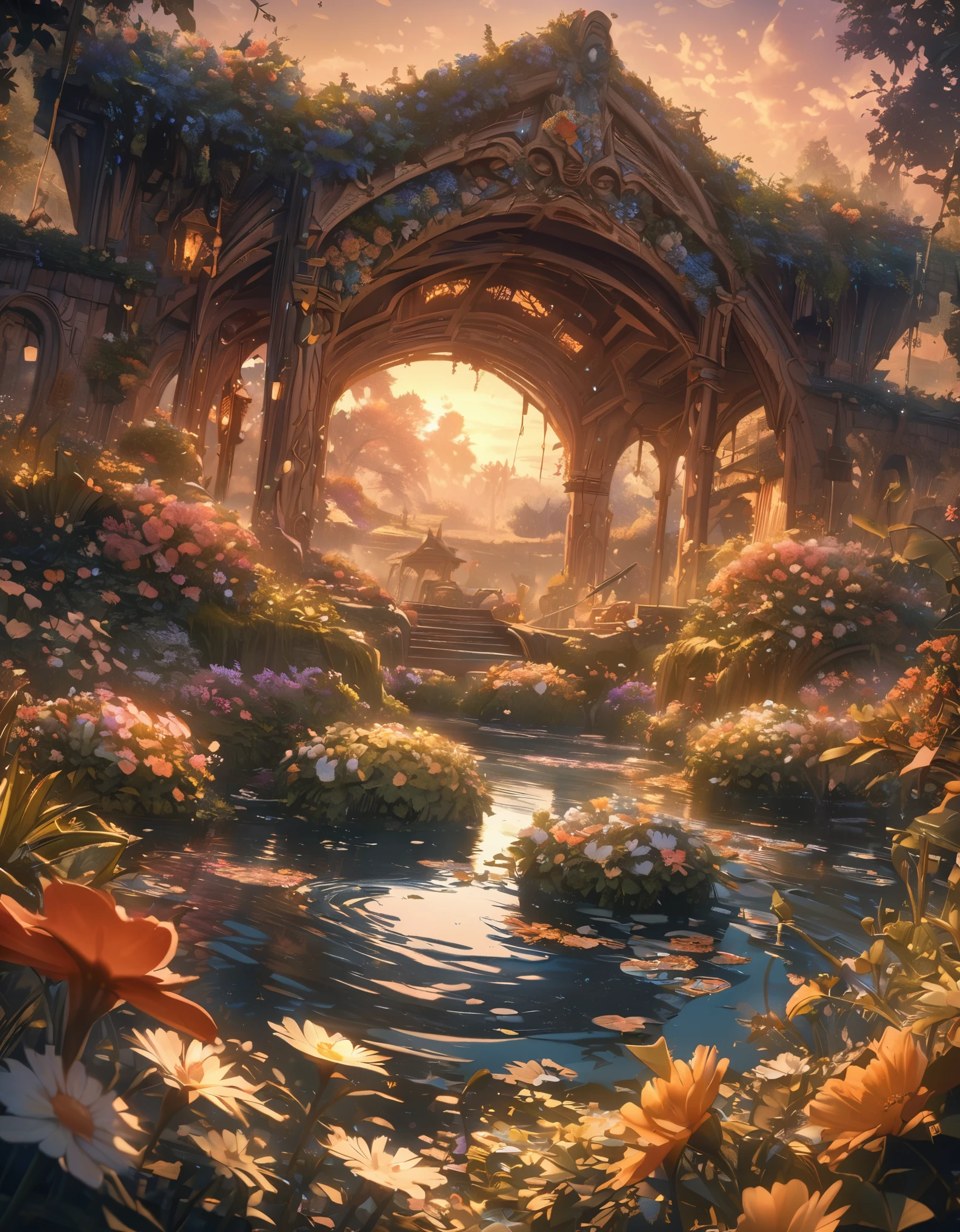 masterpiece, best quality, extremely detailed CG unity 8k wallpaper, a magical pond in the evening, finely detailed, cinematic lighting, highres, flowers bloom，（（（Spring morning）））
.super wide angle（（（masterpiece）））, （（best quality））,（（Intricate details））,（（surreal））（8K）