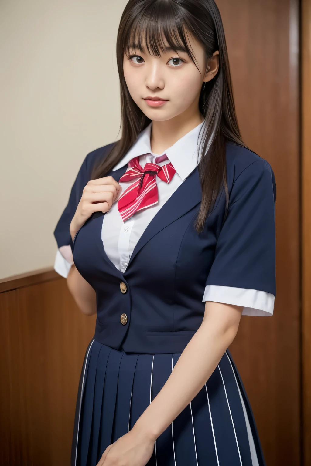 (highest quality,8K,Raw photo,realistic,High resolution:1.2),(cute japanese girl),(huge breasts:1.20),(Because I&#39;m slender、naughty body),(Japanese high school uniform),(school classroom),(18-year-old、difficult、Lofty dream、Prisoner of a male classmate、existence of idols),(Beautiful realistic Asians:1.5、kindness)、Professional、