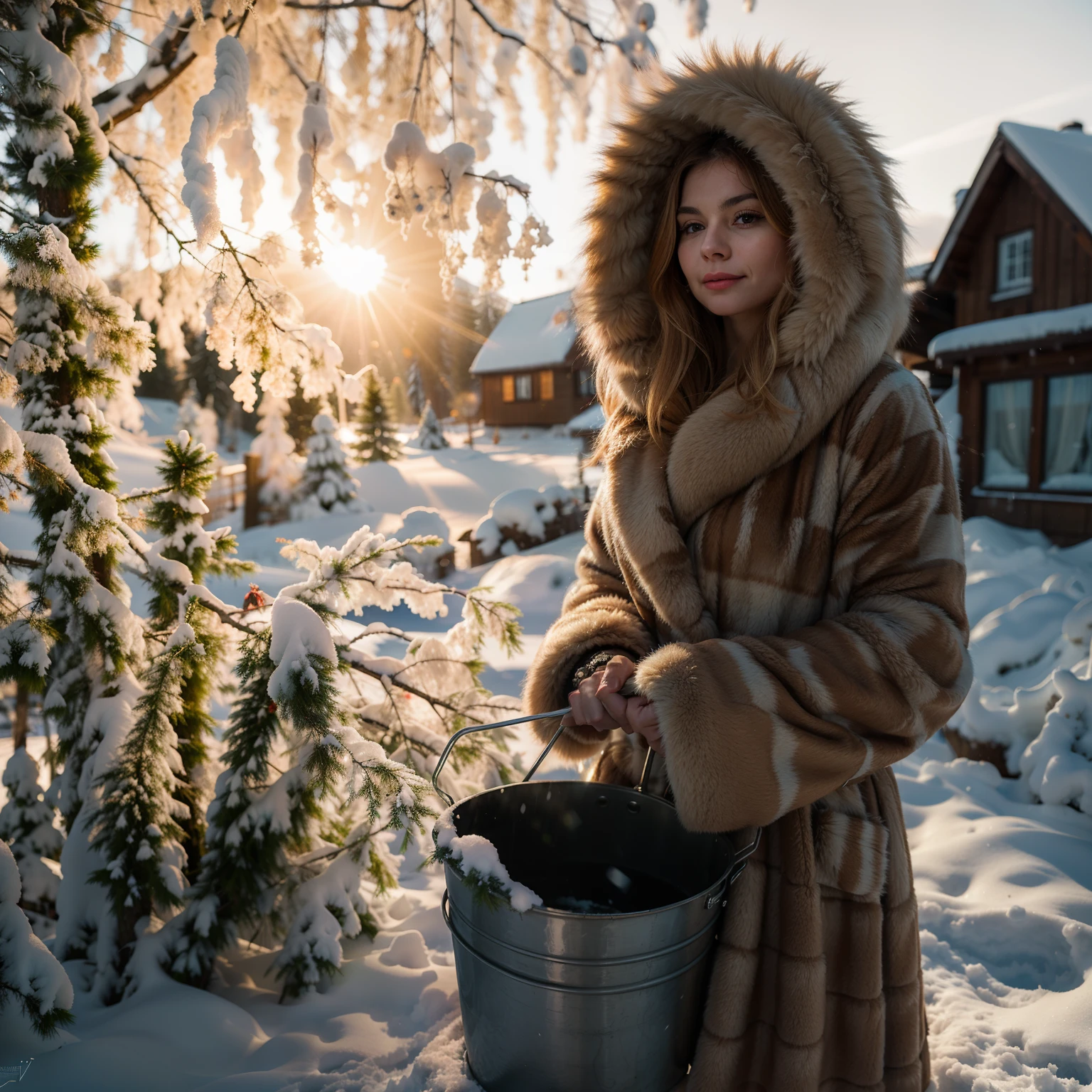 woman in a fur coat holding a bucket in the snow, Photo by Alexei Gurilev:, photo by Alexei Kurylev, Alexey Venetsianov, by Mikhail Evstafiev, inspired by Igor Kufayev, Andrey Ryabovichev, alexey egorov, inspired Andrey Ryabovichev