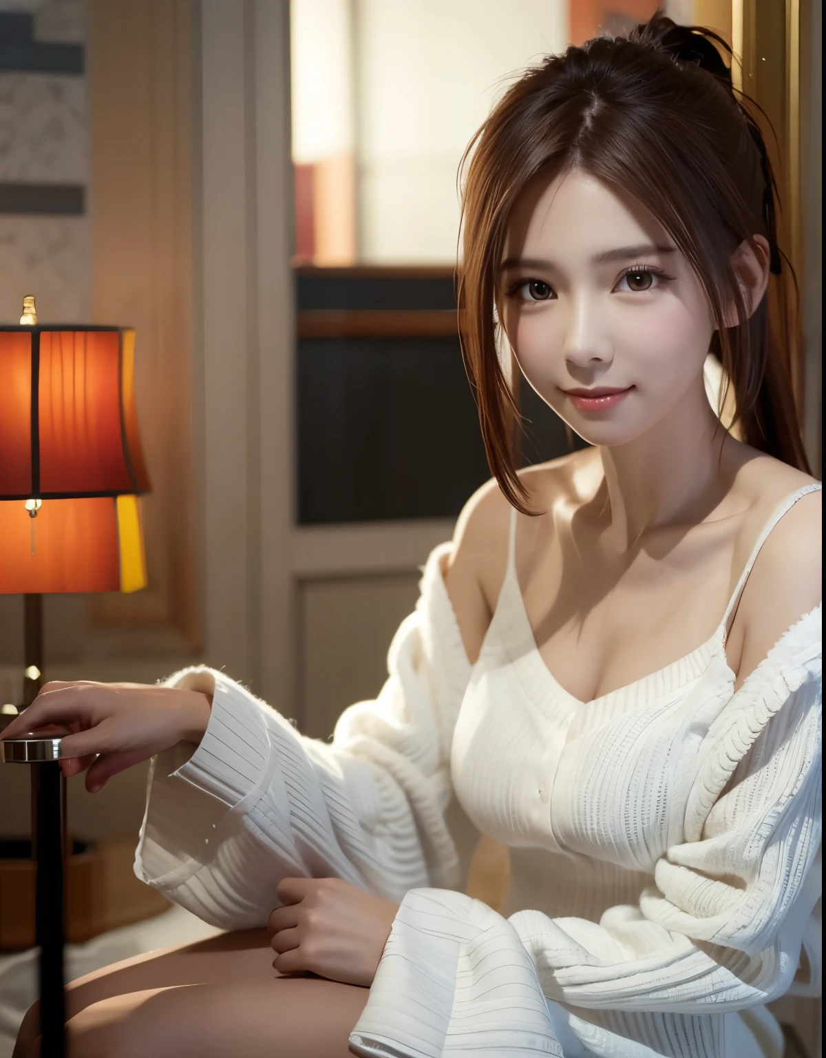 (highest quality), (table top), (High resolution), (intricate details:0.2),(professional lighting), Dressing gowns, detailed background,off shoulder, (previous view), 1 girl, alone, (beautiful face),  Because I&#39;m slender, fine skin, smile, brown hair in a ponytail, beautiful eyes,  look at the audience,